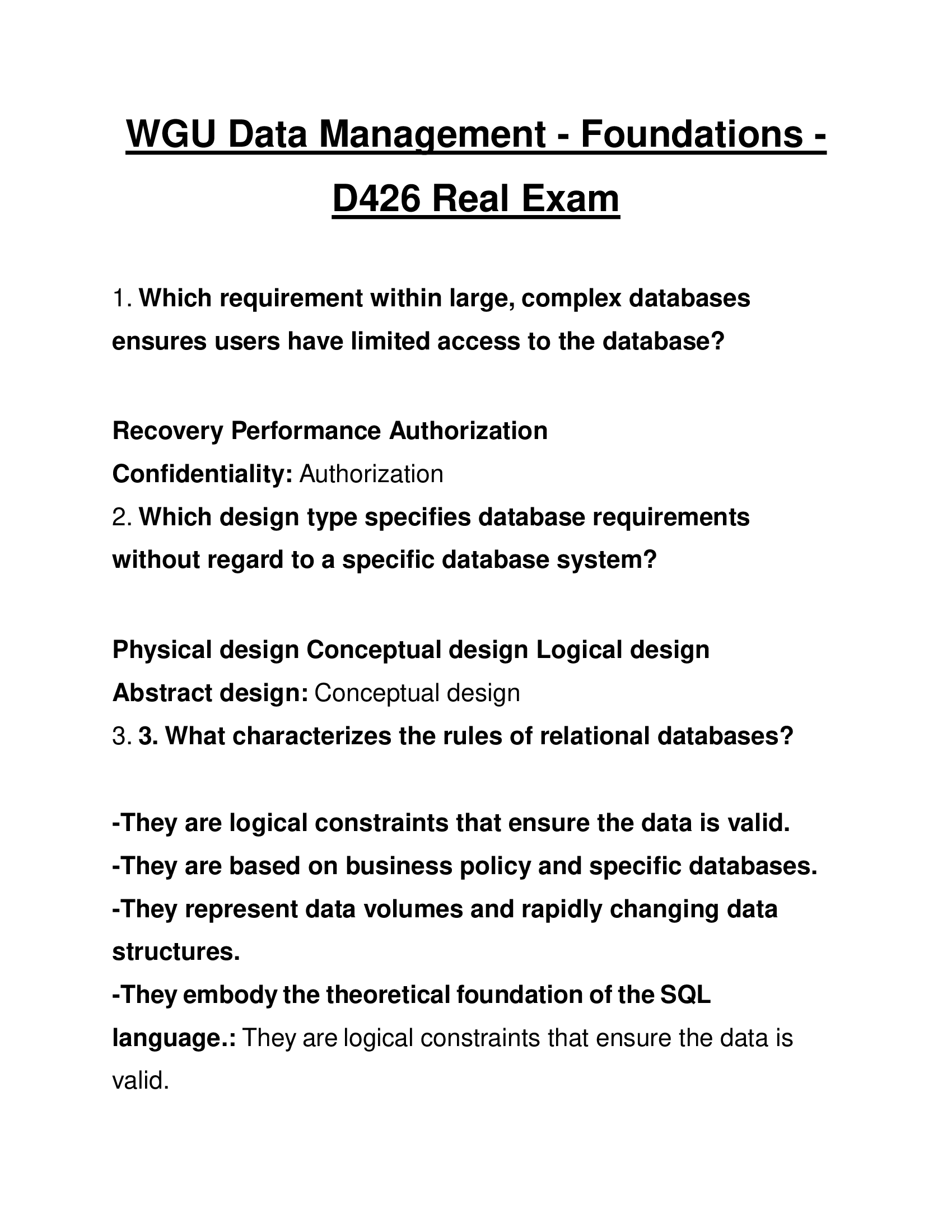 WGU Data Management - Foundations - D426 Real Exam