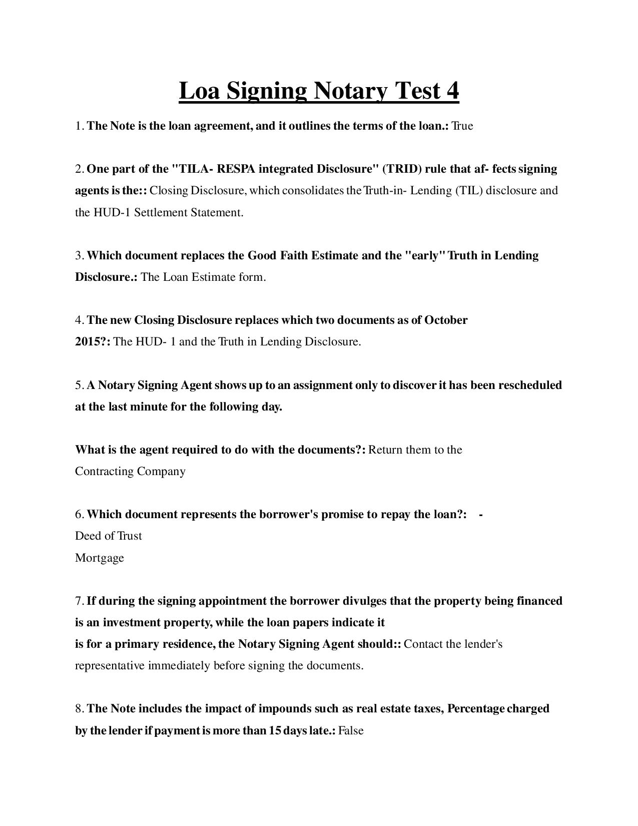 PASSED: Loa Notary Signing Agent Certification Test 4  TRID, HUD-1 & TIL Loan Estimate vs. Closing Disclosure & Note