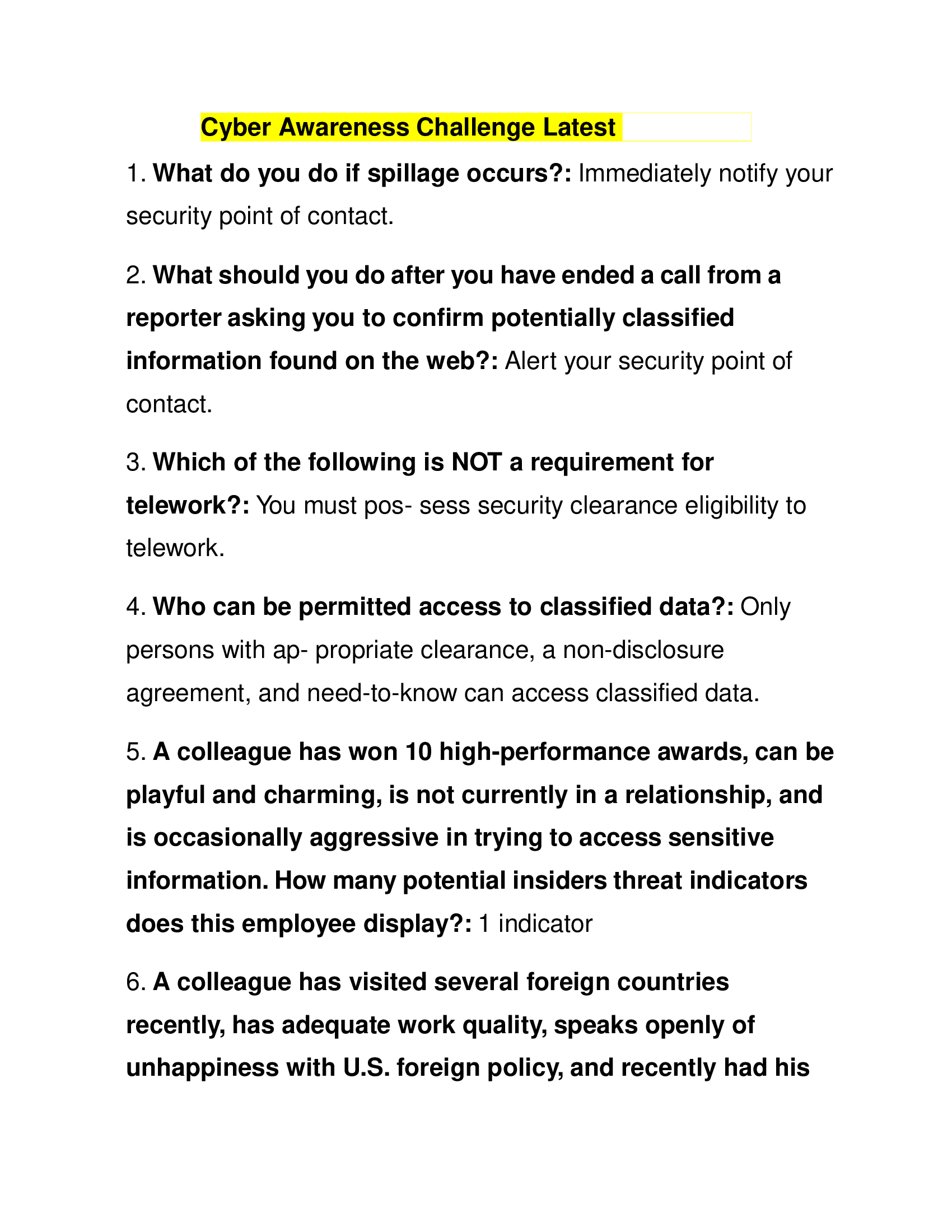 Cyber Awareness Challenge Latest 2024 Exam Questions and Answers