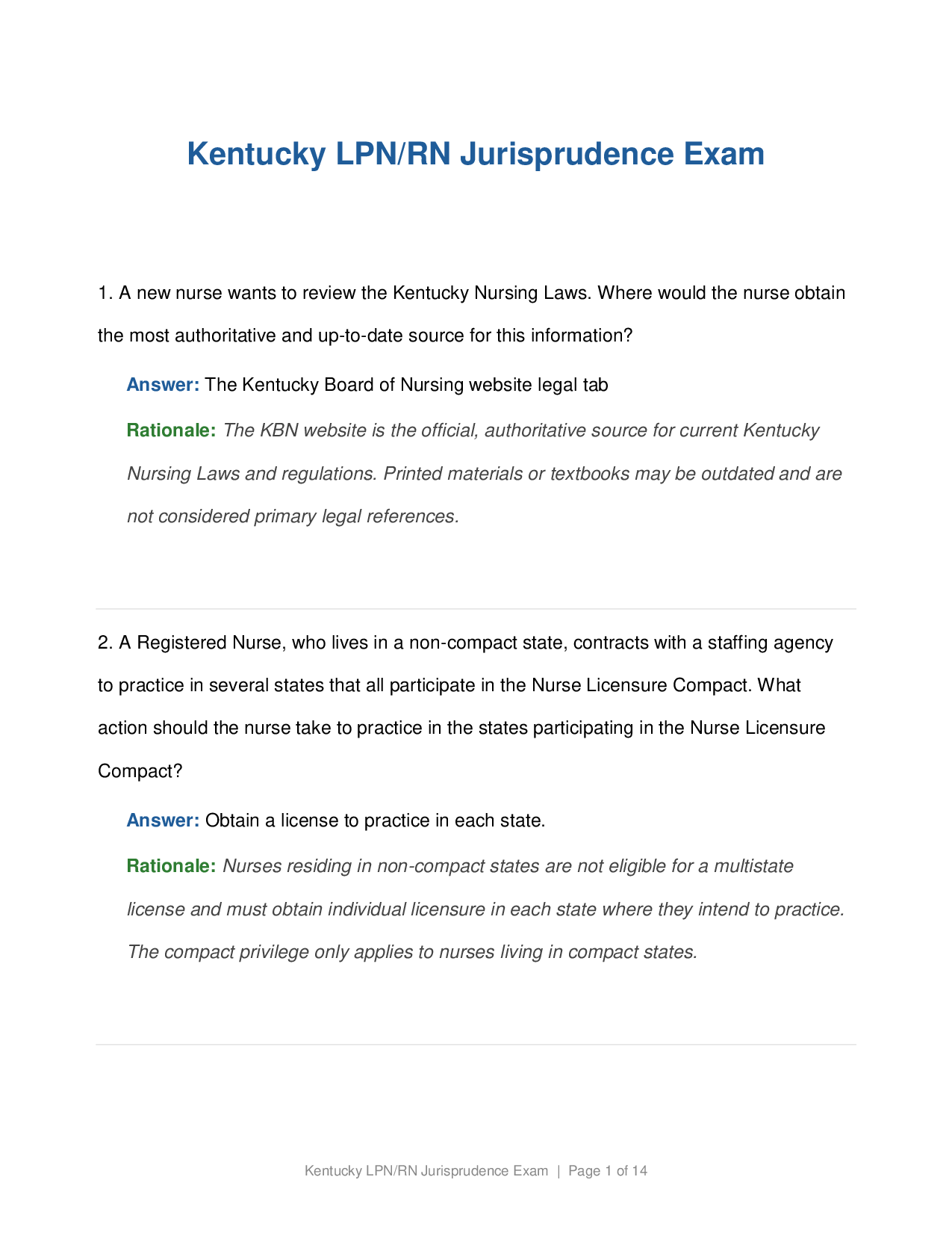 Kentucky LPN/RN Jurisprudence Real Exam 2026 – Exam Questions, Verified Answers & Nursing Law