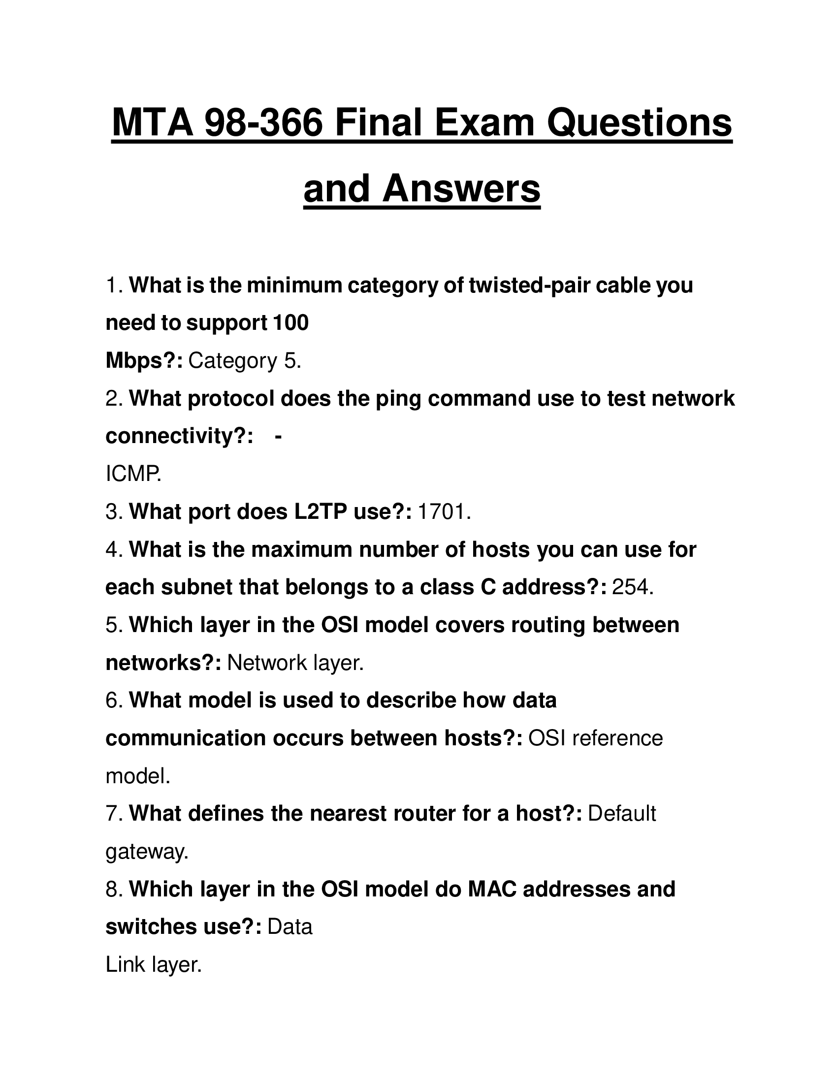 MTA Networking 98-366 Final Exam Questions and Answers 2024