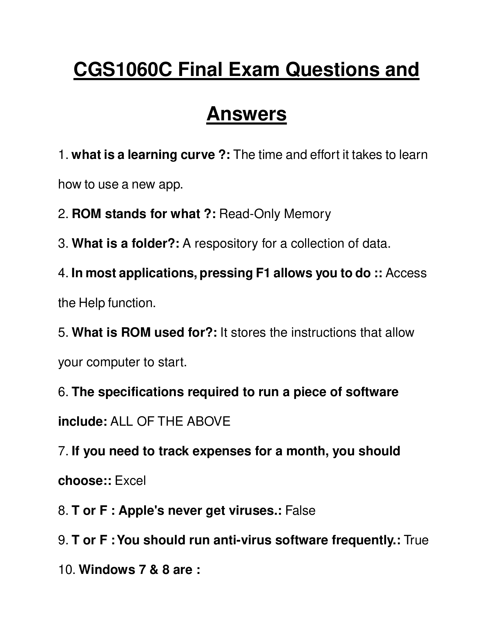 CGS1060C Final Exam Questions and Answers