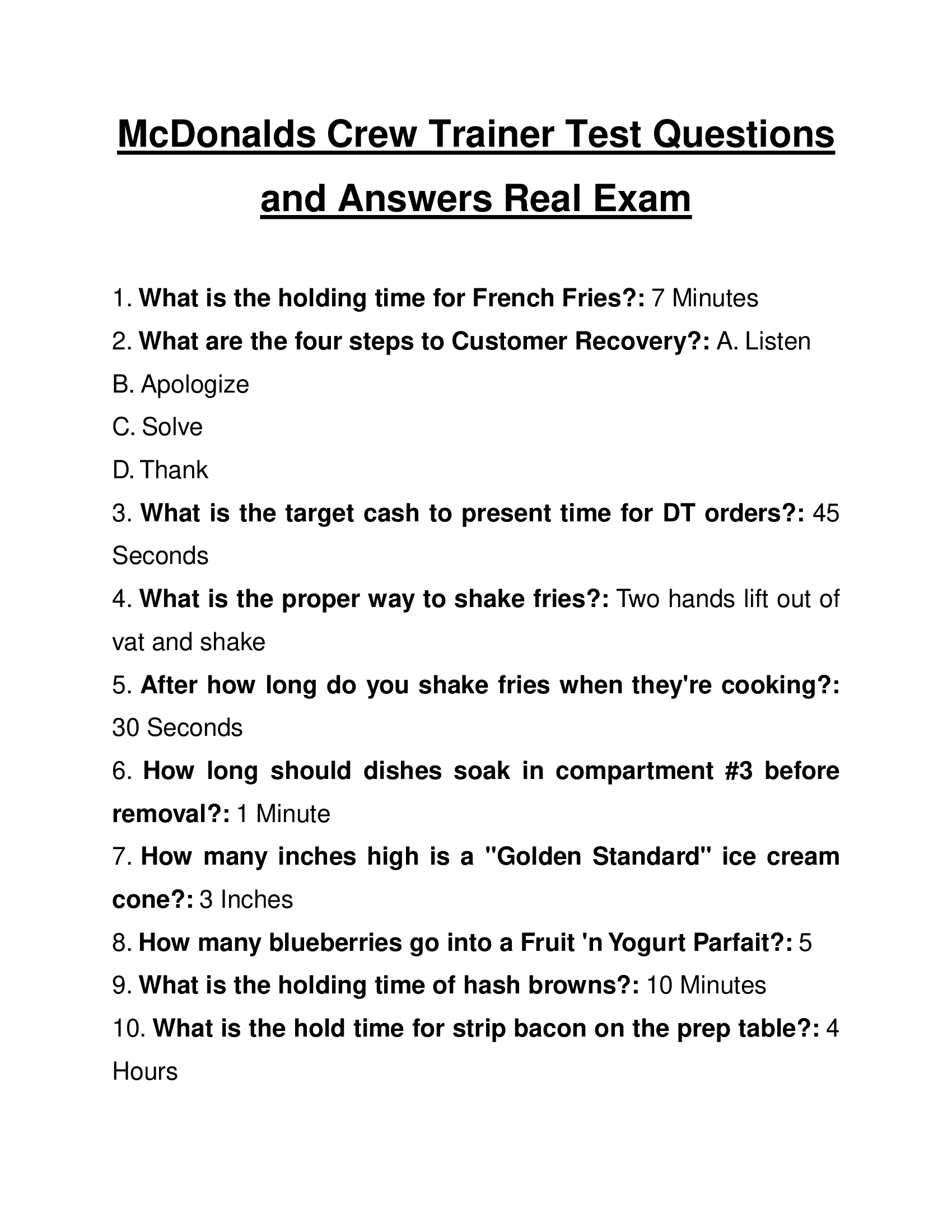 McDonalds Crew Trainer Test 2024 Questions and Answers Real Exam