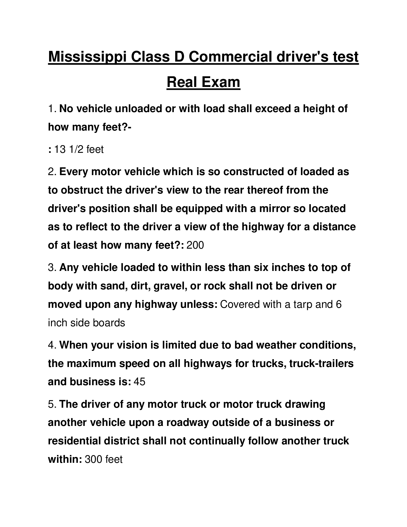 Mississippi Class D Commercial driver's test 2024 Real Exam