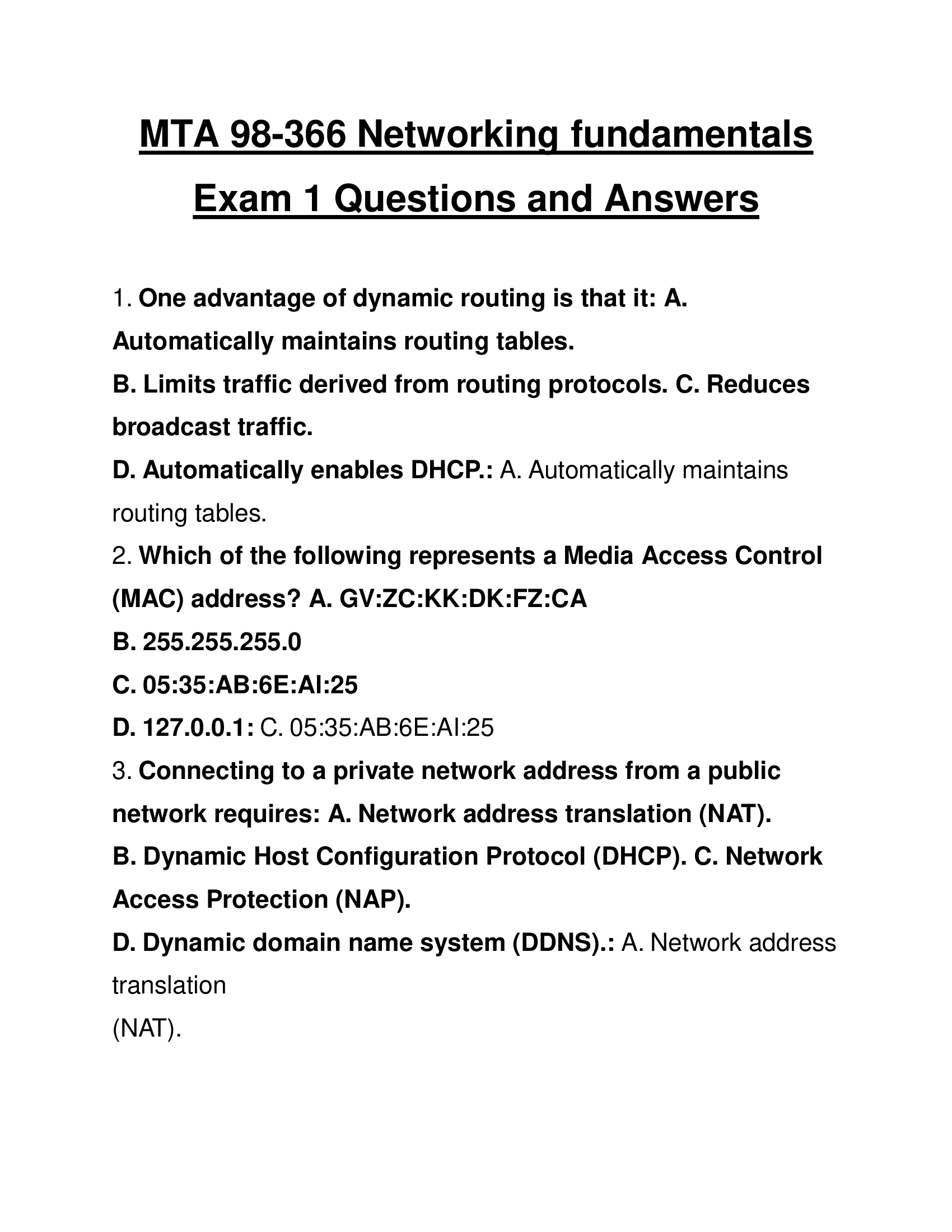 MTA 98 366 Networking fundamentals Exam 1 Questions and Answers 2024