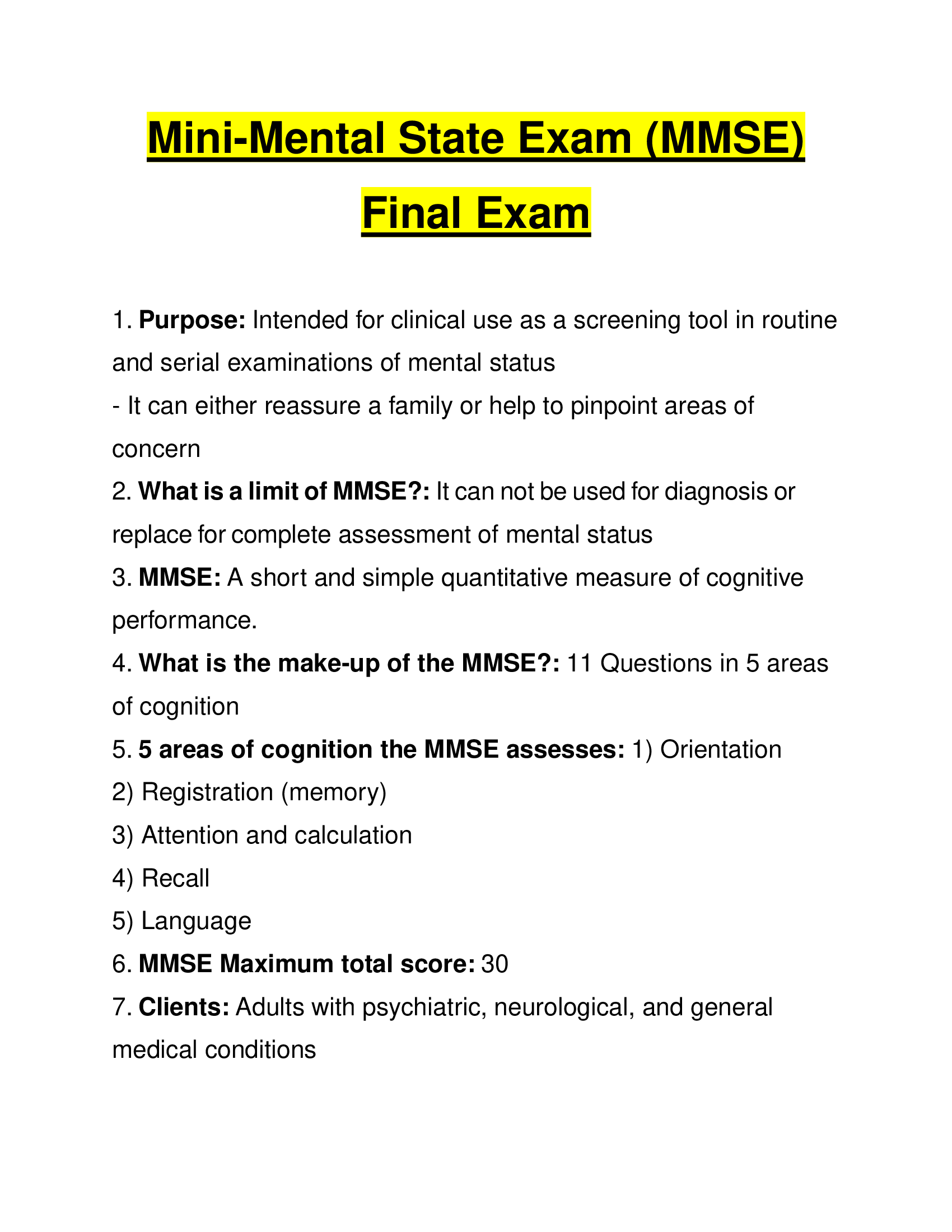 Mini-Mental State Exam (MMSE) Final Exam