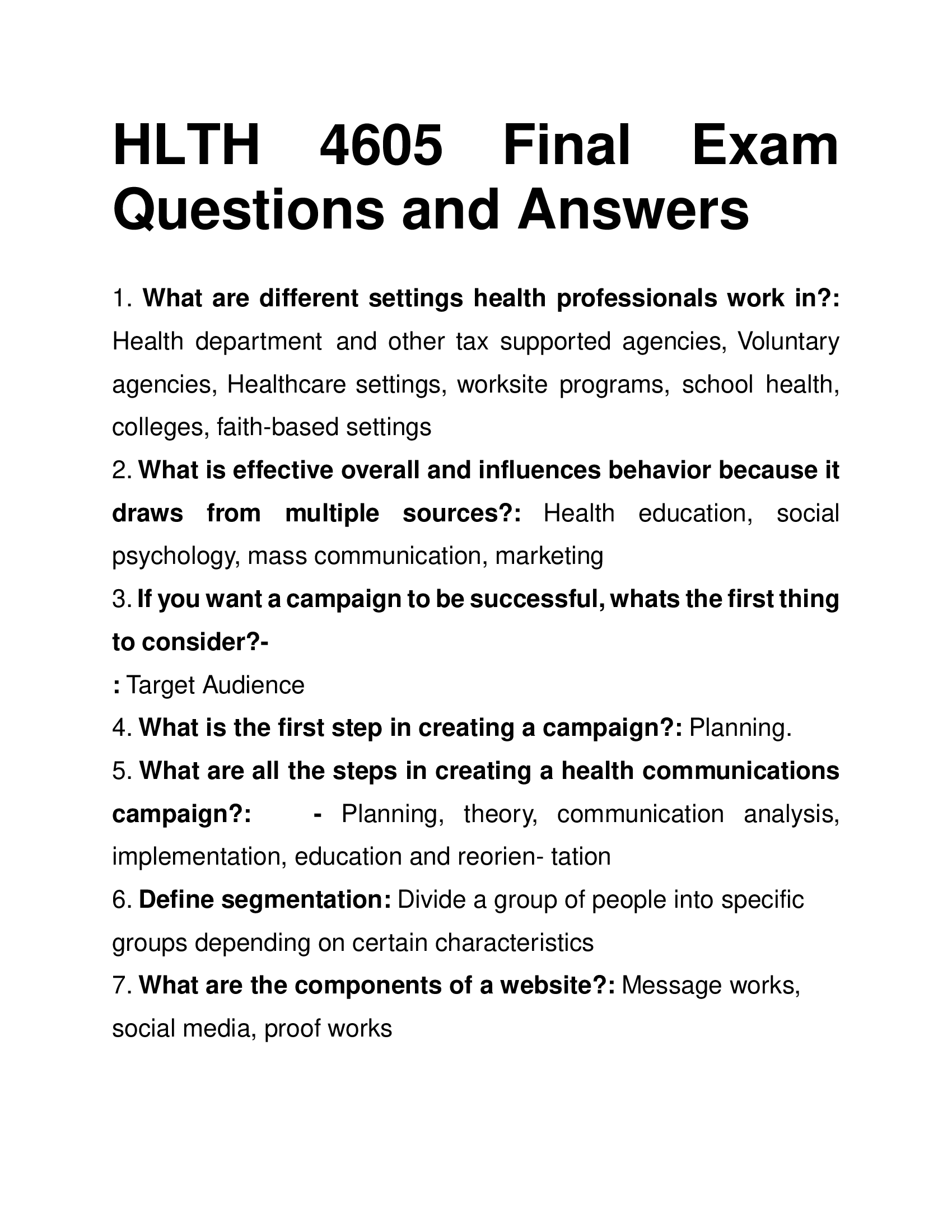 HLTH 4605 Final Exam Questions and Answers 2024