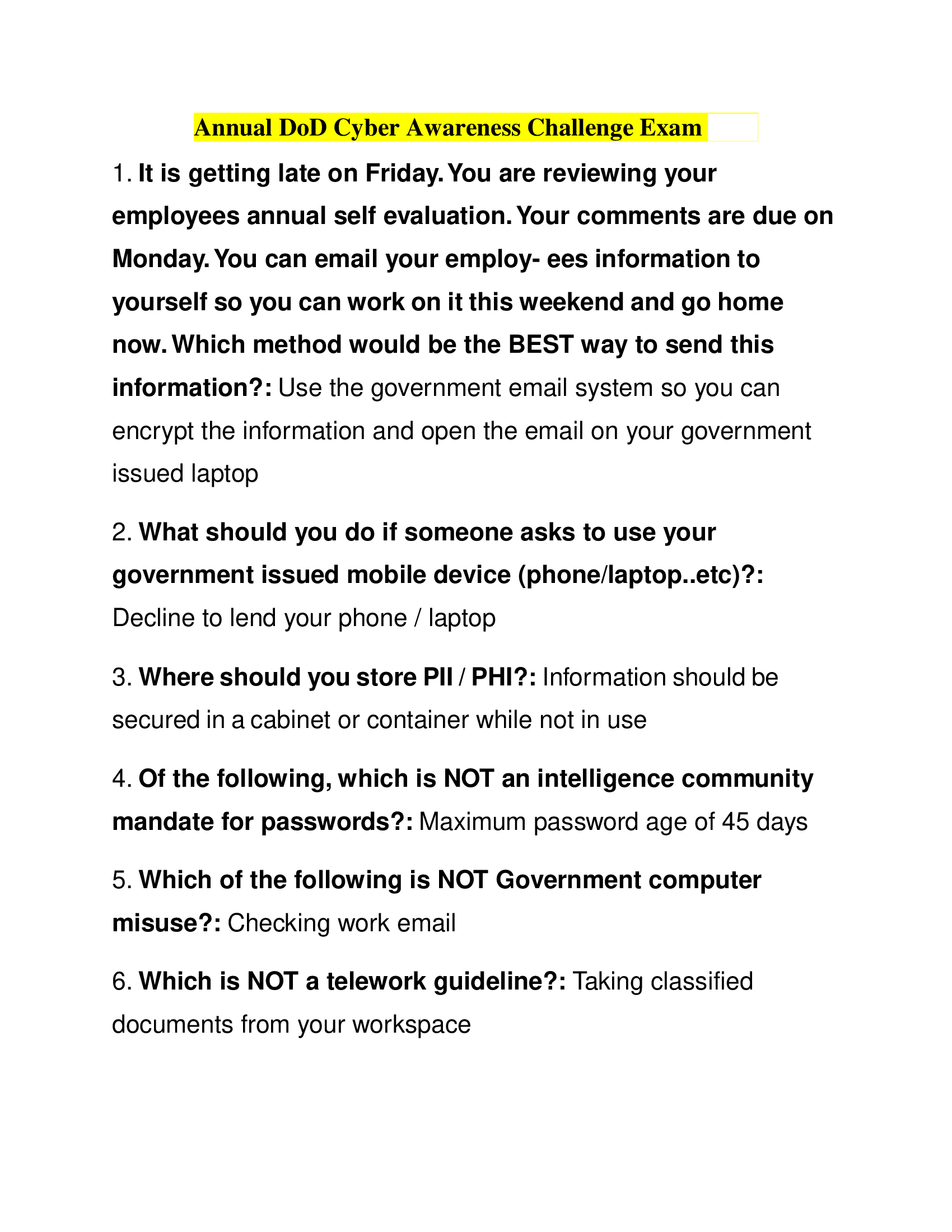 Annual DoD Cyber Awareness Challenge Exam 2024 Questions and Answers