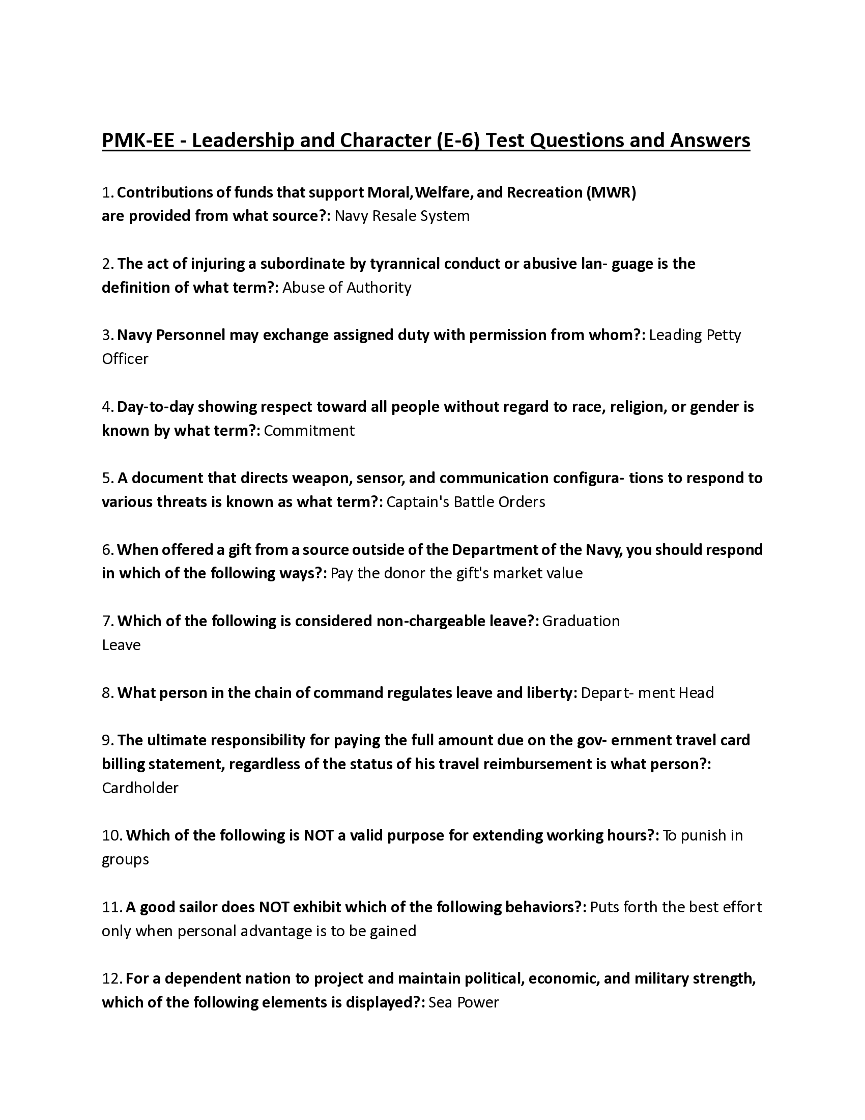 PMK-EE - Leadership and Character (E-6) test questions and answers 2026