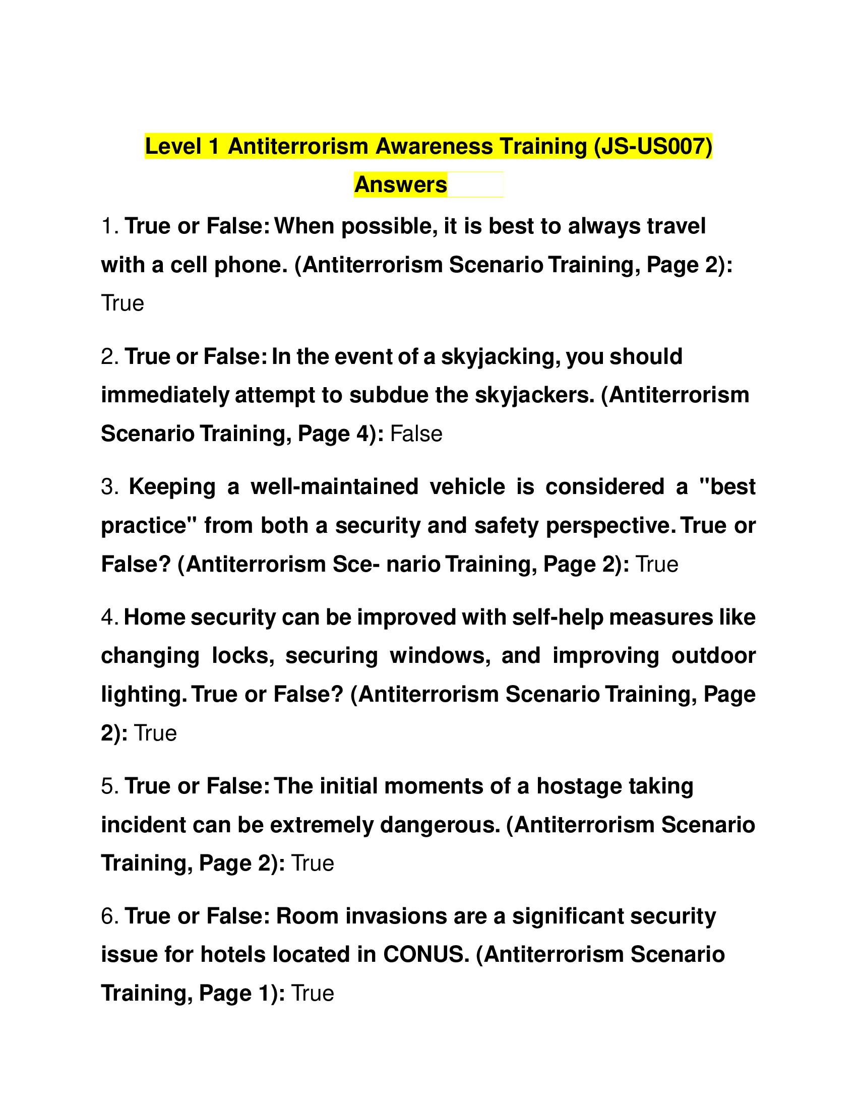 Level 1 Antiterrorism Awareness Training (JS-US007) Questions and Answers 2024