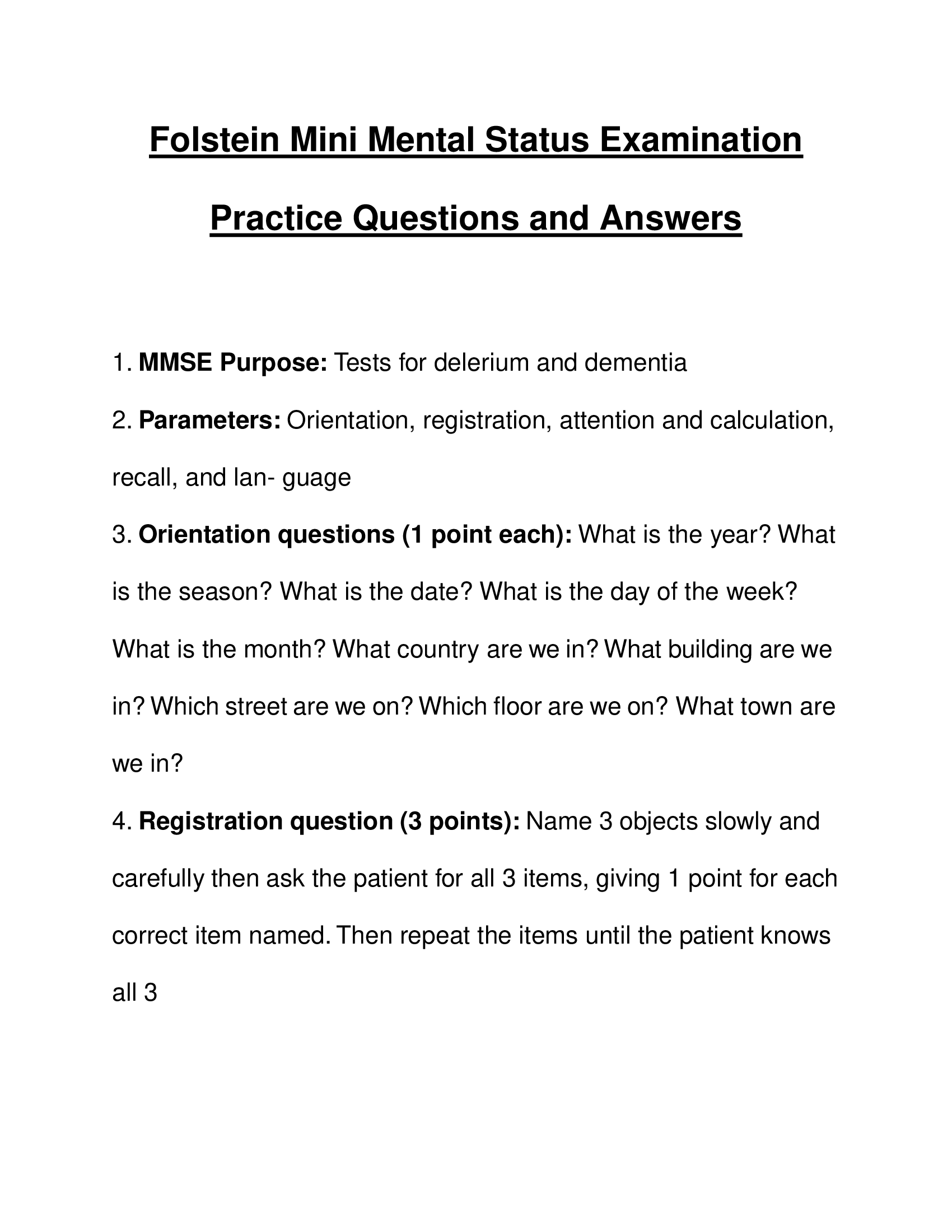 Folstein Mini Mental Status Examination Practice Questions and Answers