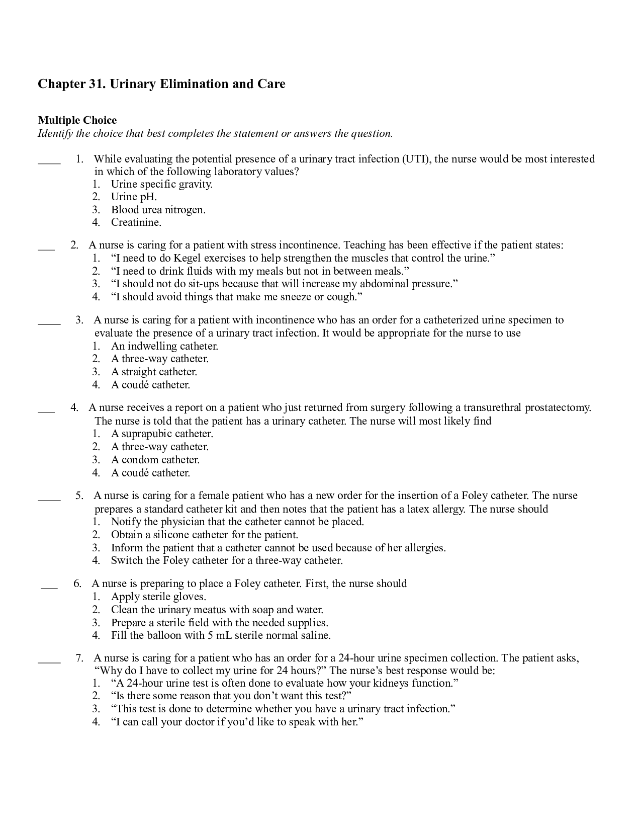 Chapter 31. Urinary Elimination and Care