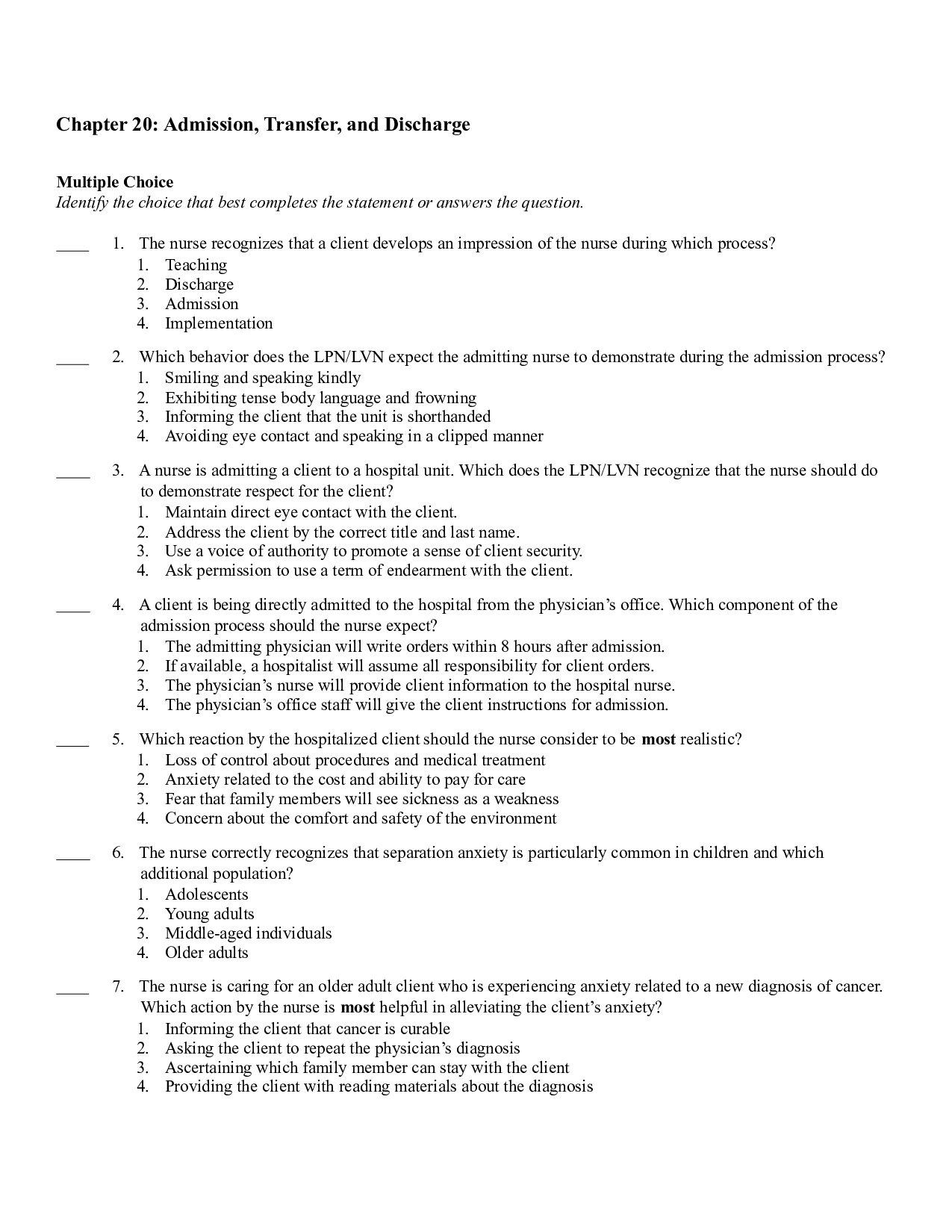Chapter 20 Admission, Transfer, and Discharge