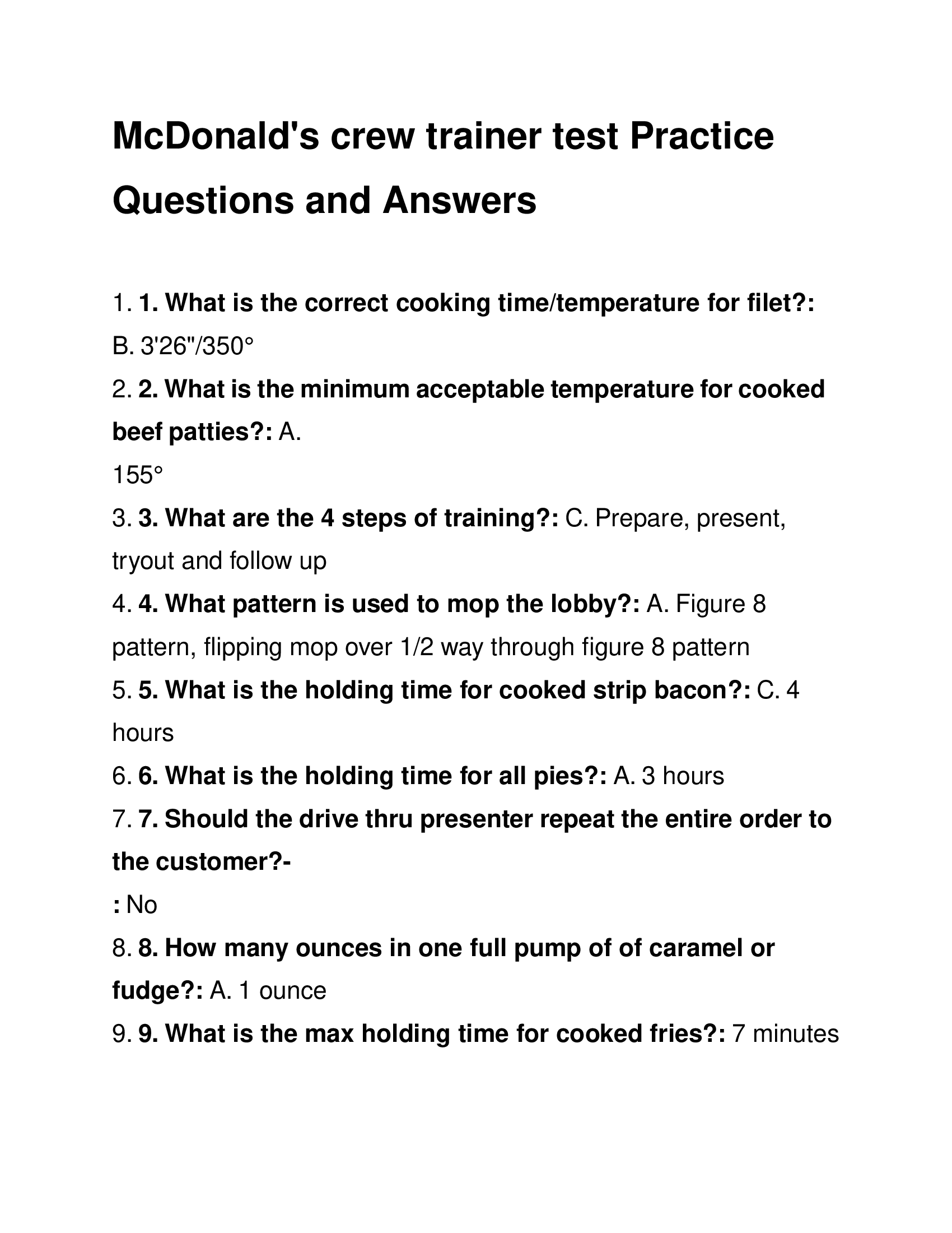 McDonald's crew trainer test Practice Questions and Answers