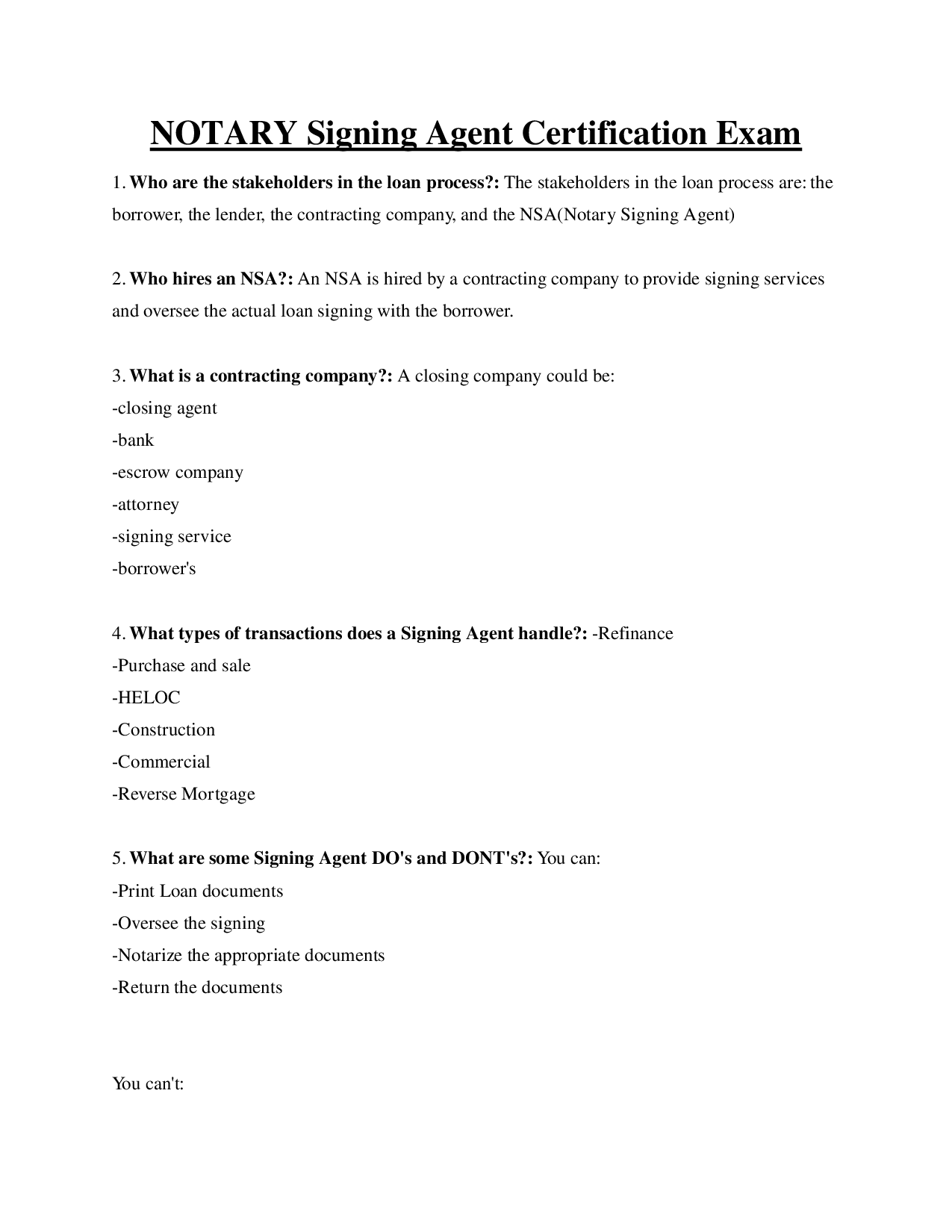 【GRADED A+】Notary Signing Agent (NSA) Certification Exam  Stakeholders & Steps