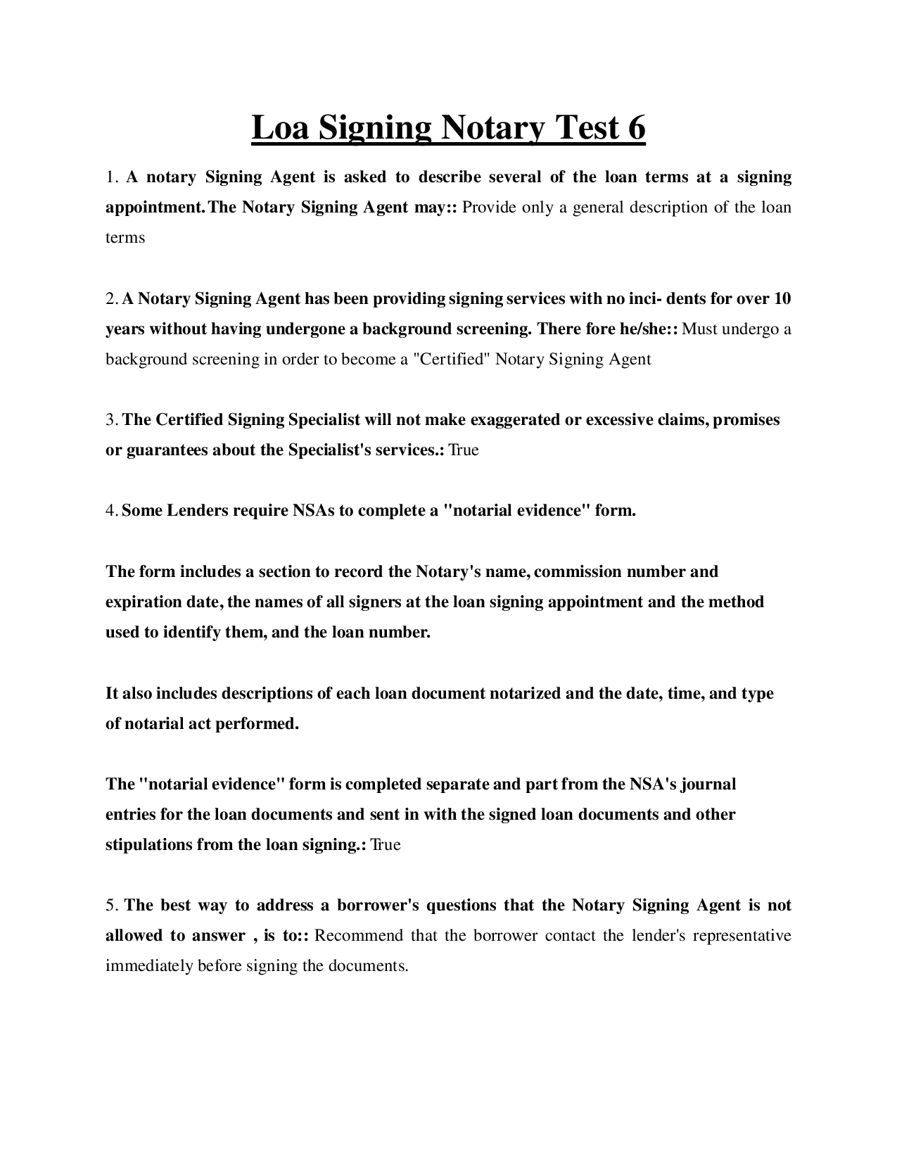 【GRADED A+】 Loa Notary Signing Agent (NSA) Test 6  Certified Signing Specialist Q&A 2026