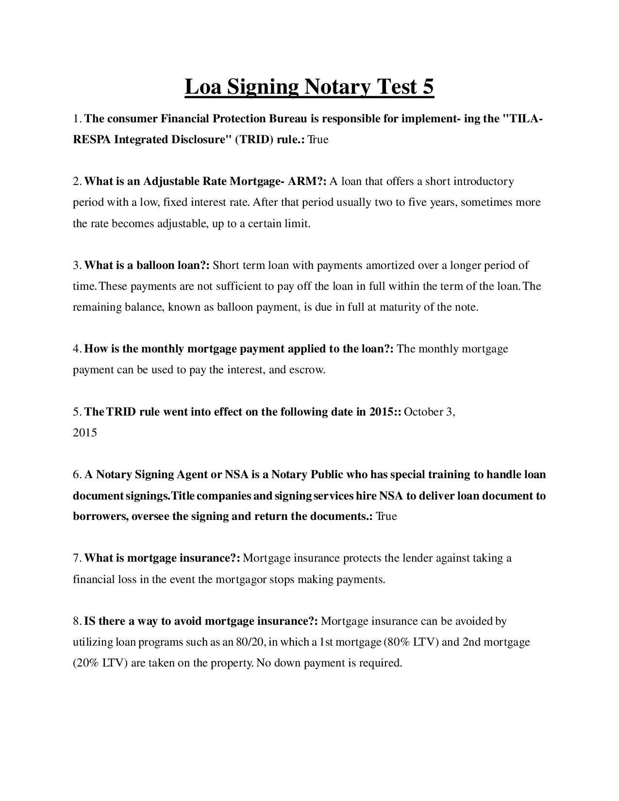 【GRADED A+】 Loa Notary Signing Agent (NSA) Test 5  TRID Rule, HUD-1 & APR (2026)