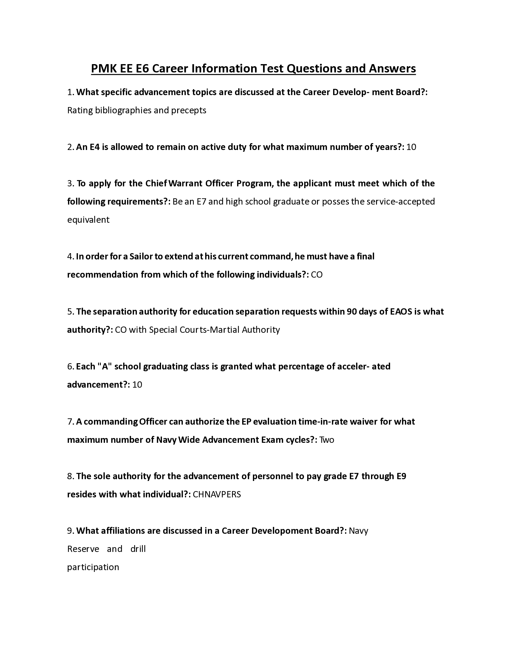 PMK EE E6 Career information test questions and answers