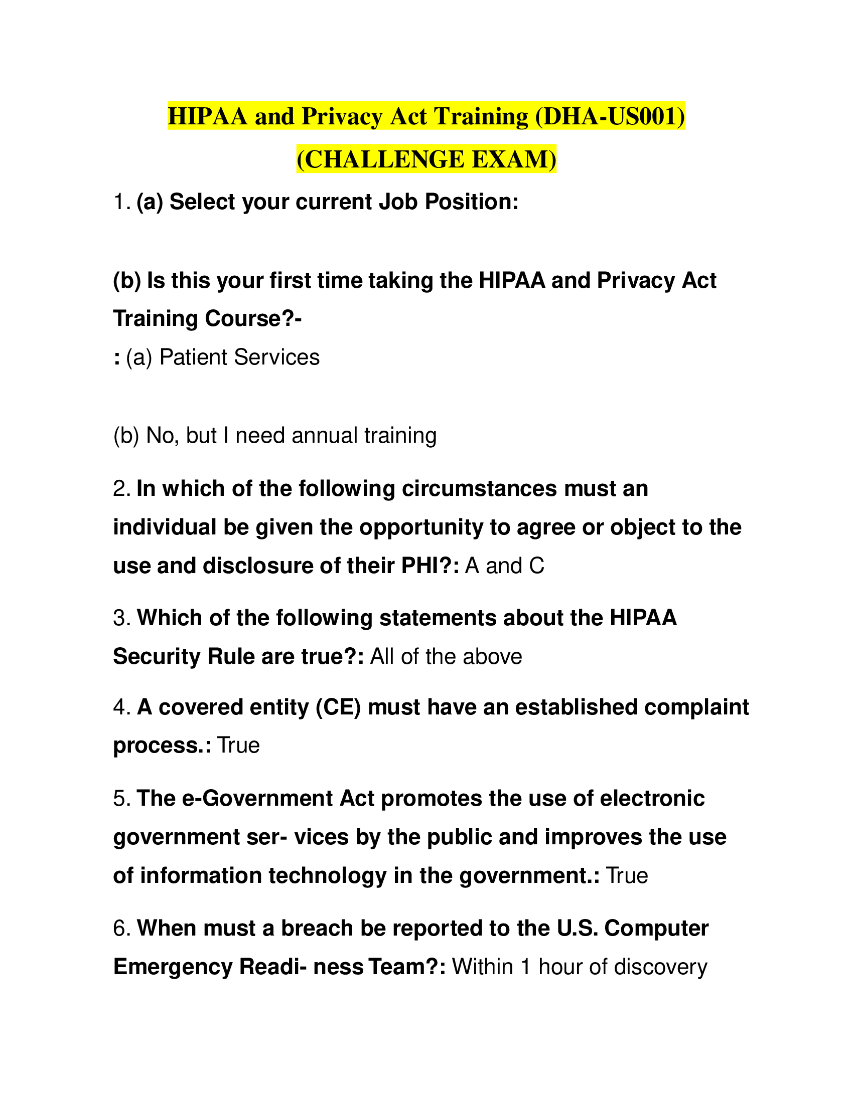 HIPAA and Privacy Act Training (DHA-US001) (CHALLENGE EXAM) 2024