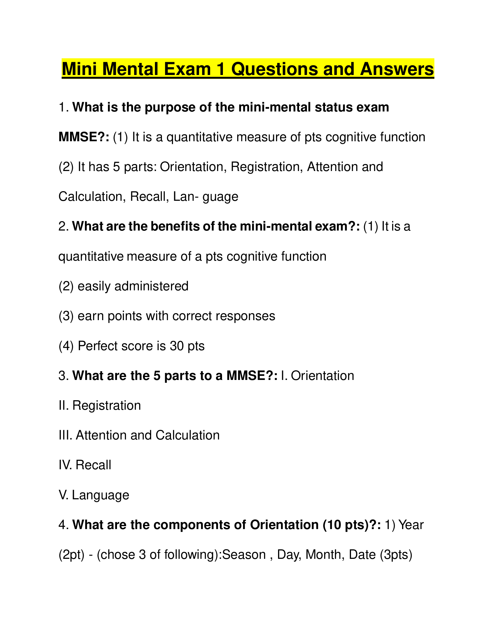 Mini Mental Exam 1 Questions and Answers 2024