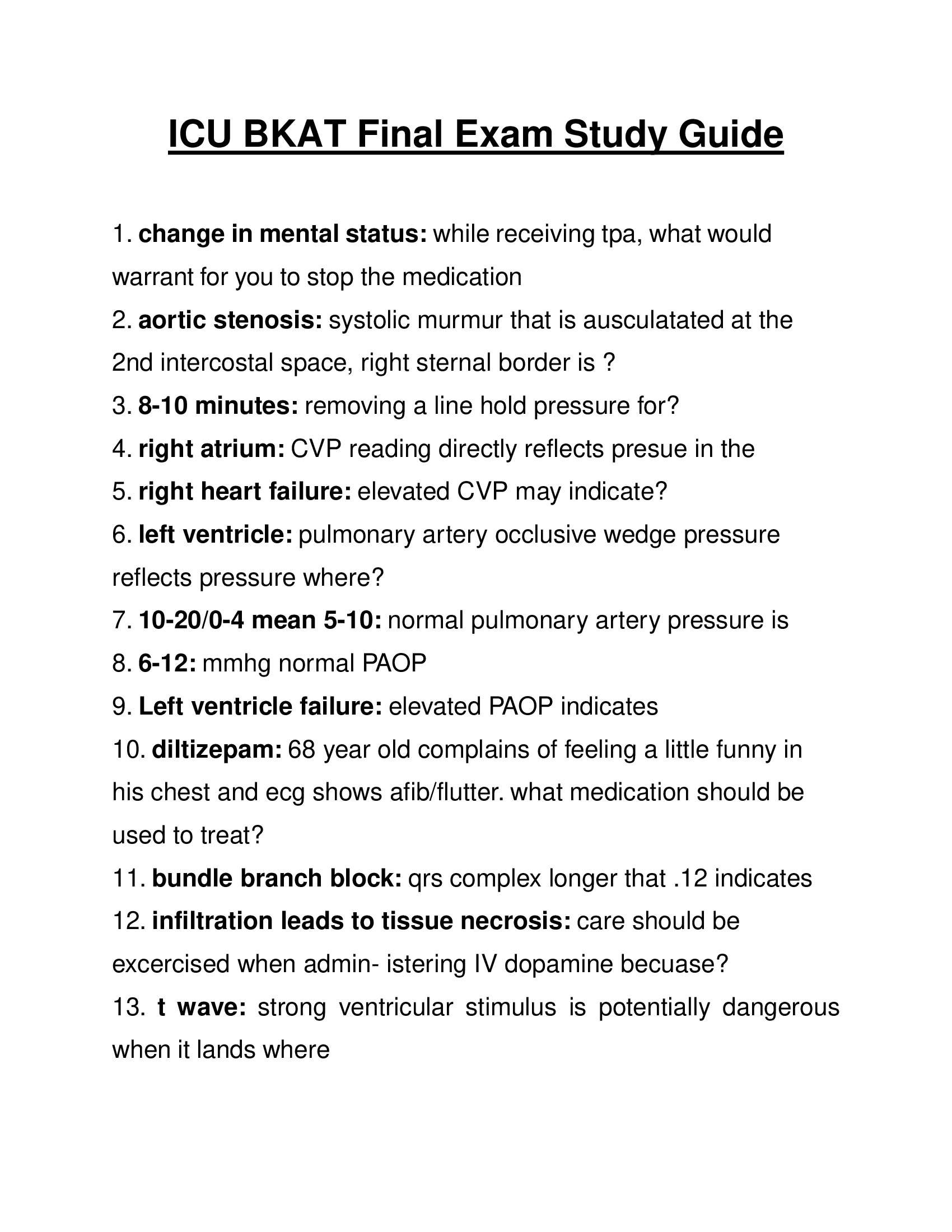 ICU BKAT Final Exam Study Guide