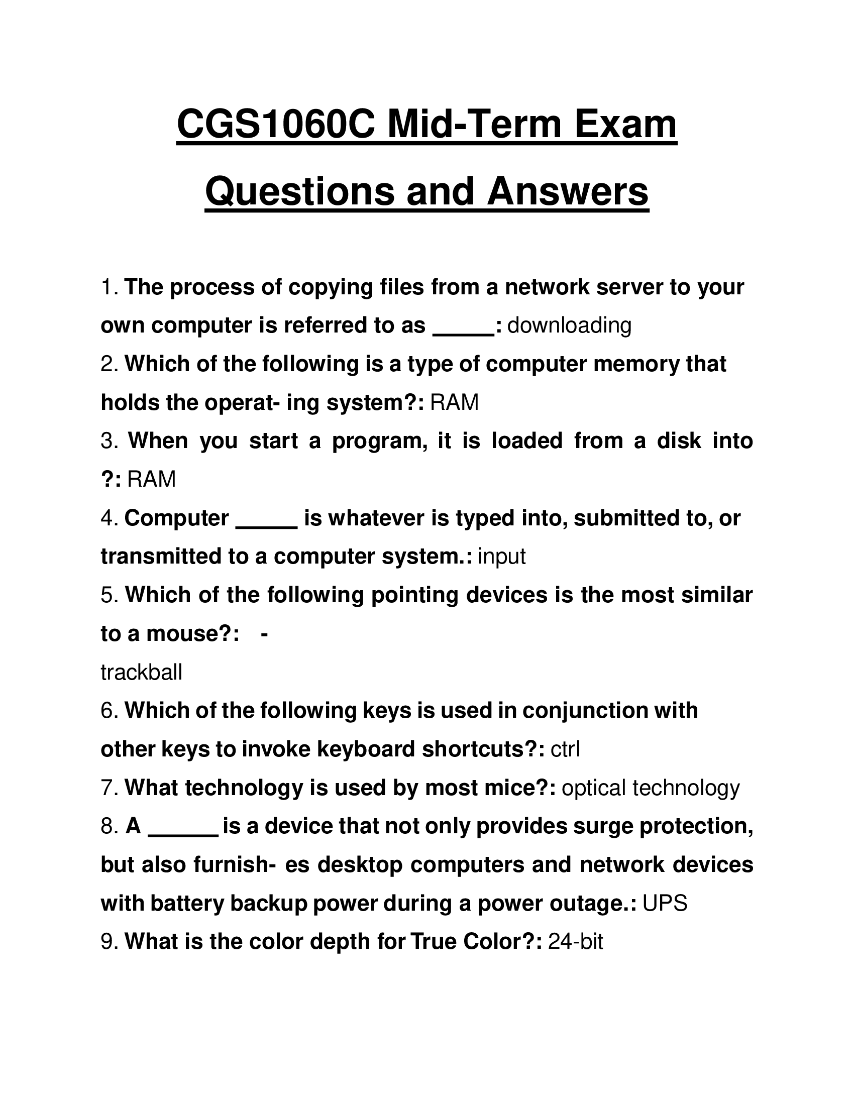CGS1060C Mid-Term Exam Questions and Answers