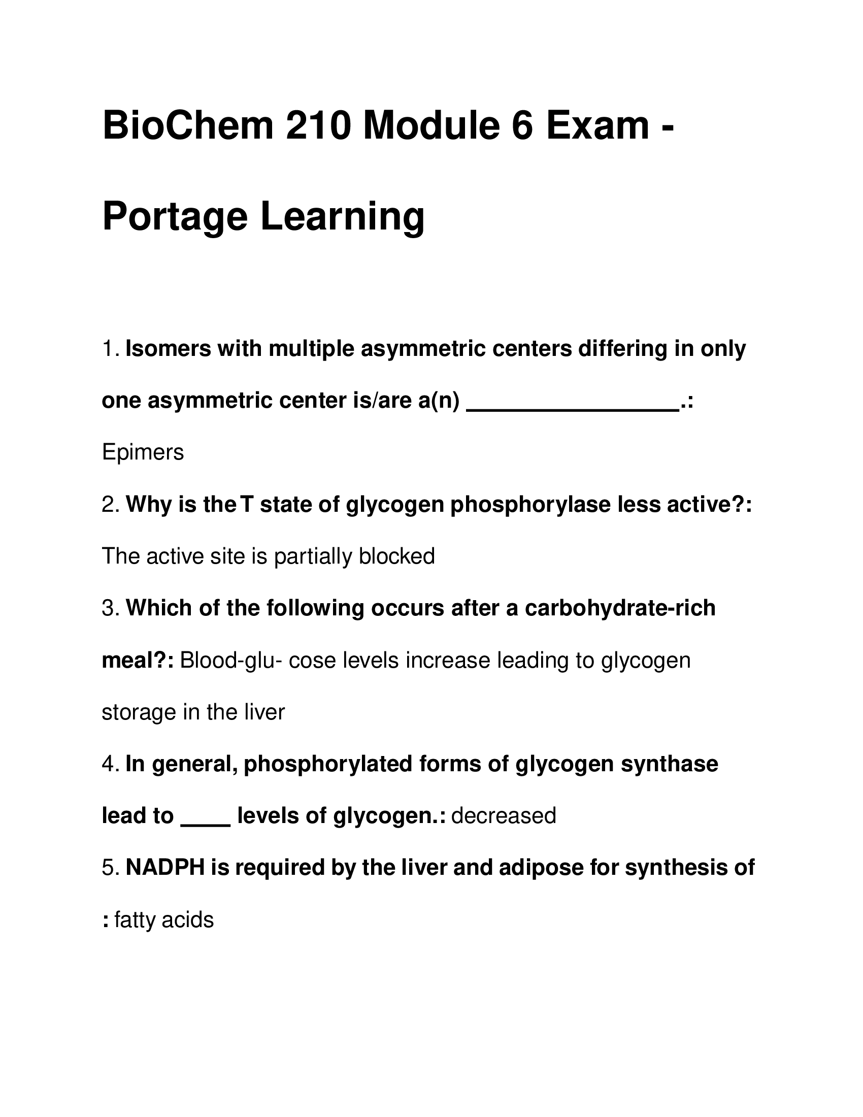 BioChem 210 Module 6 Exam - Portage Learning Questions and Answers 2026