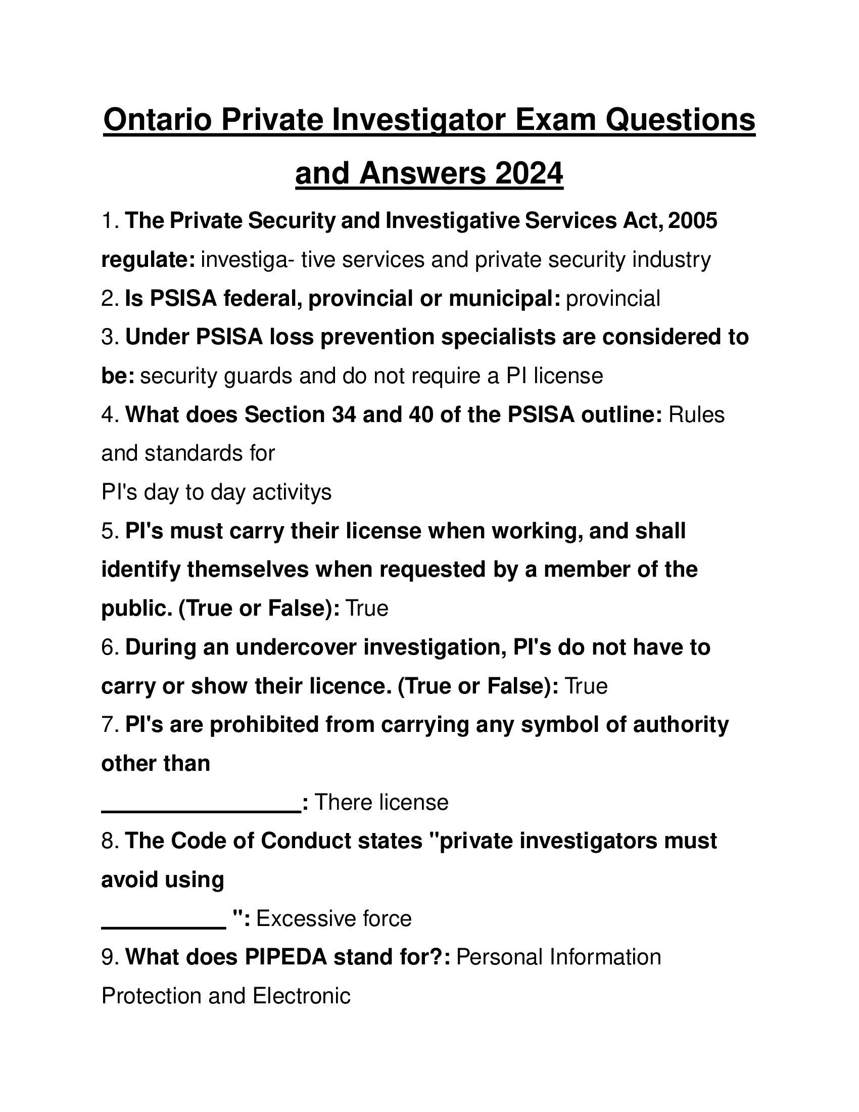 Ontario Private Investigator Exam Questions and Answers 2024
