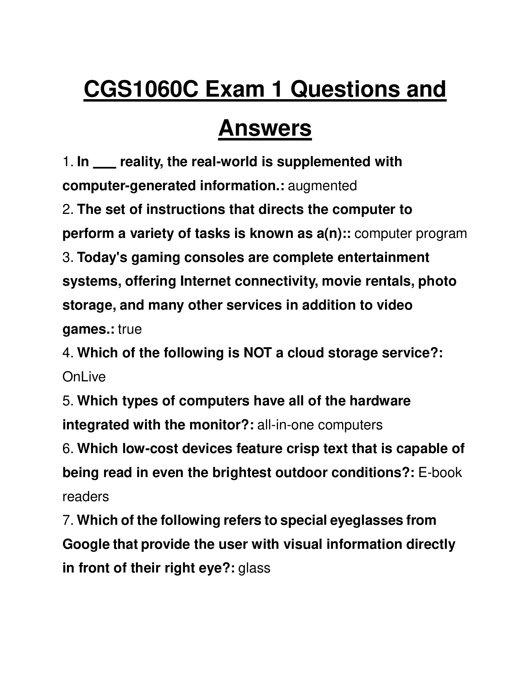 CGS1060C Exam 1 Questions and Answers