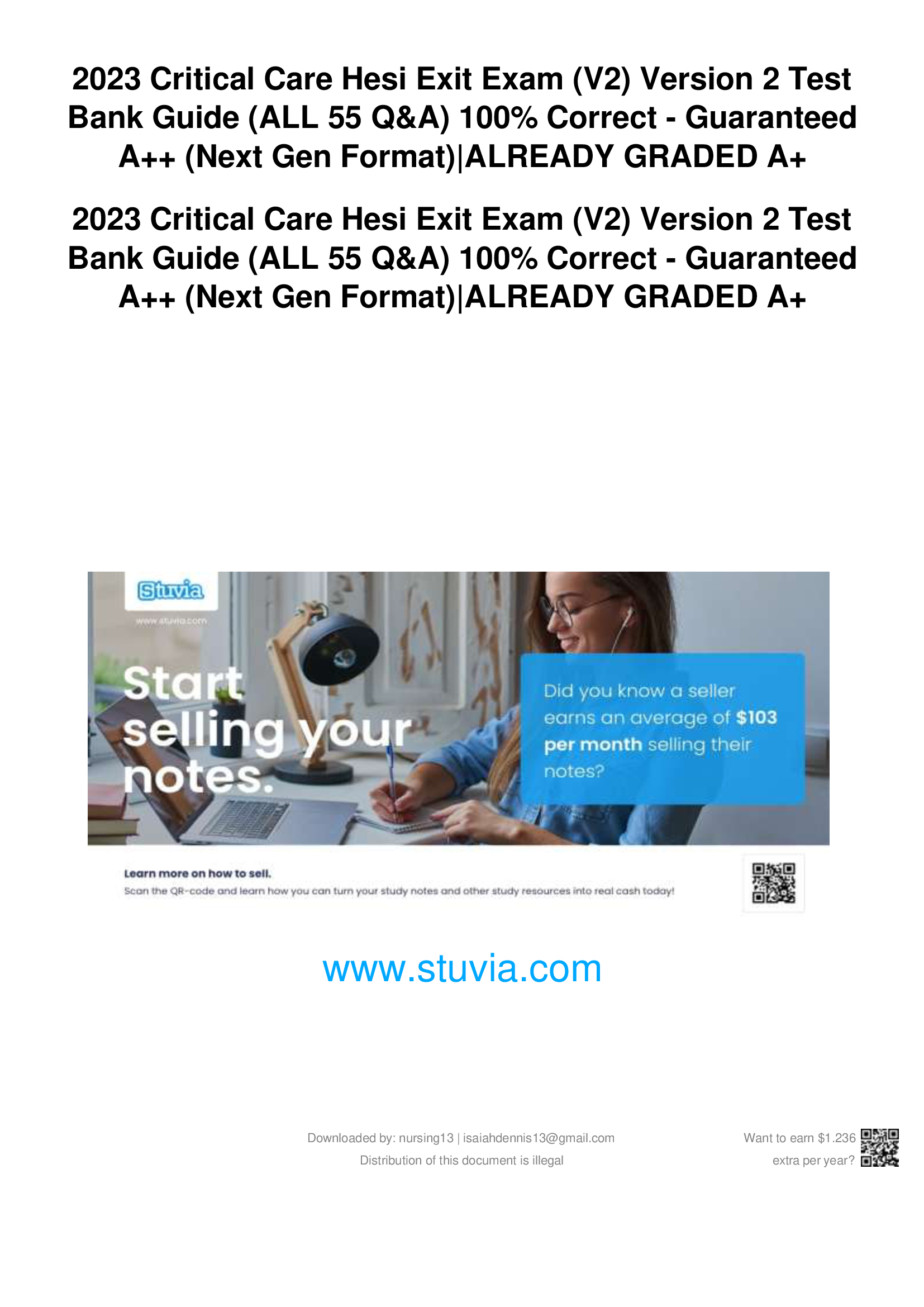 2023 Critical Care Hesi Exit Exam (V2) Version 2 Test Bank Guide (ALL 55 Q&A) 100% Correct - Guaranteed A++ (Next Gen Format)ALREADY GRADED A+