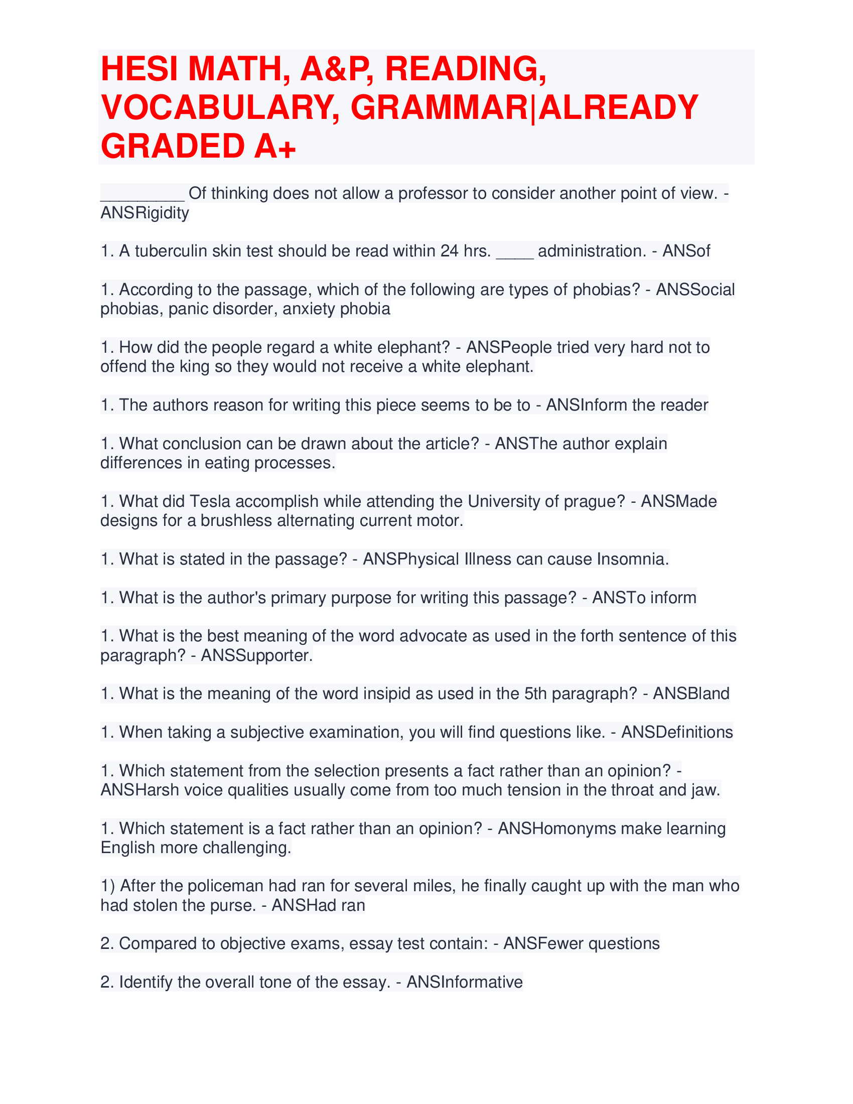 NEW!! HESI MATH, A&P, READING, VOCABULARY, GRAMMAR VERIFIED