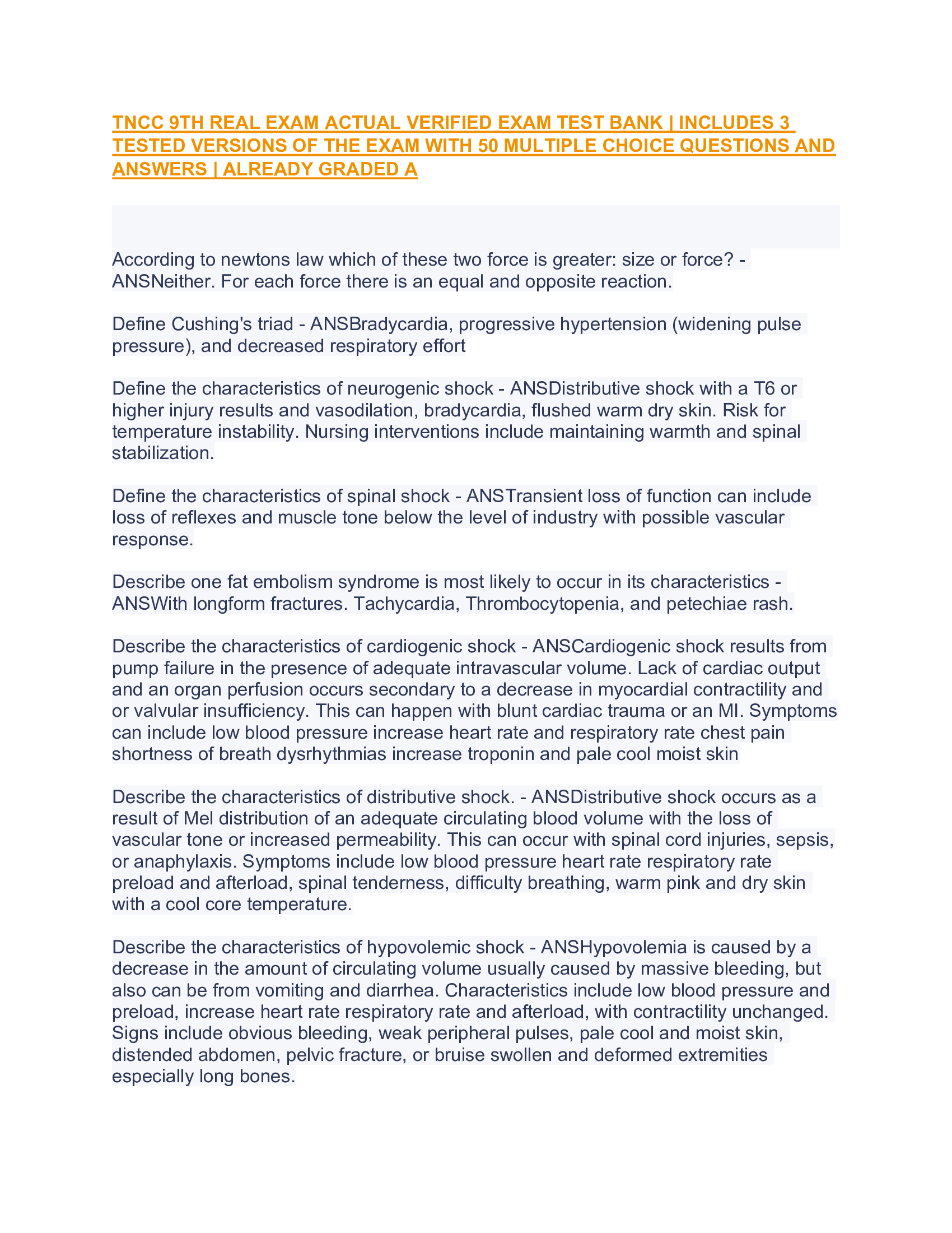 TNCC 9TH REAL EXAM ACTUAL VERIFIED EXAM TEST BANK  INCLUDES 3 TESTED VERSIONS OF THE EXAM WITH 50 MULTIPLE CHOICE QUESTIONS AND ANSWERS ALREADY GRADED A