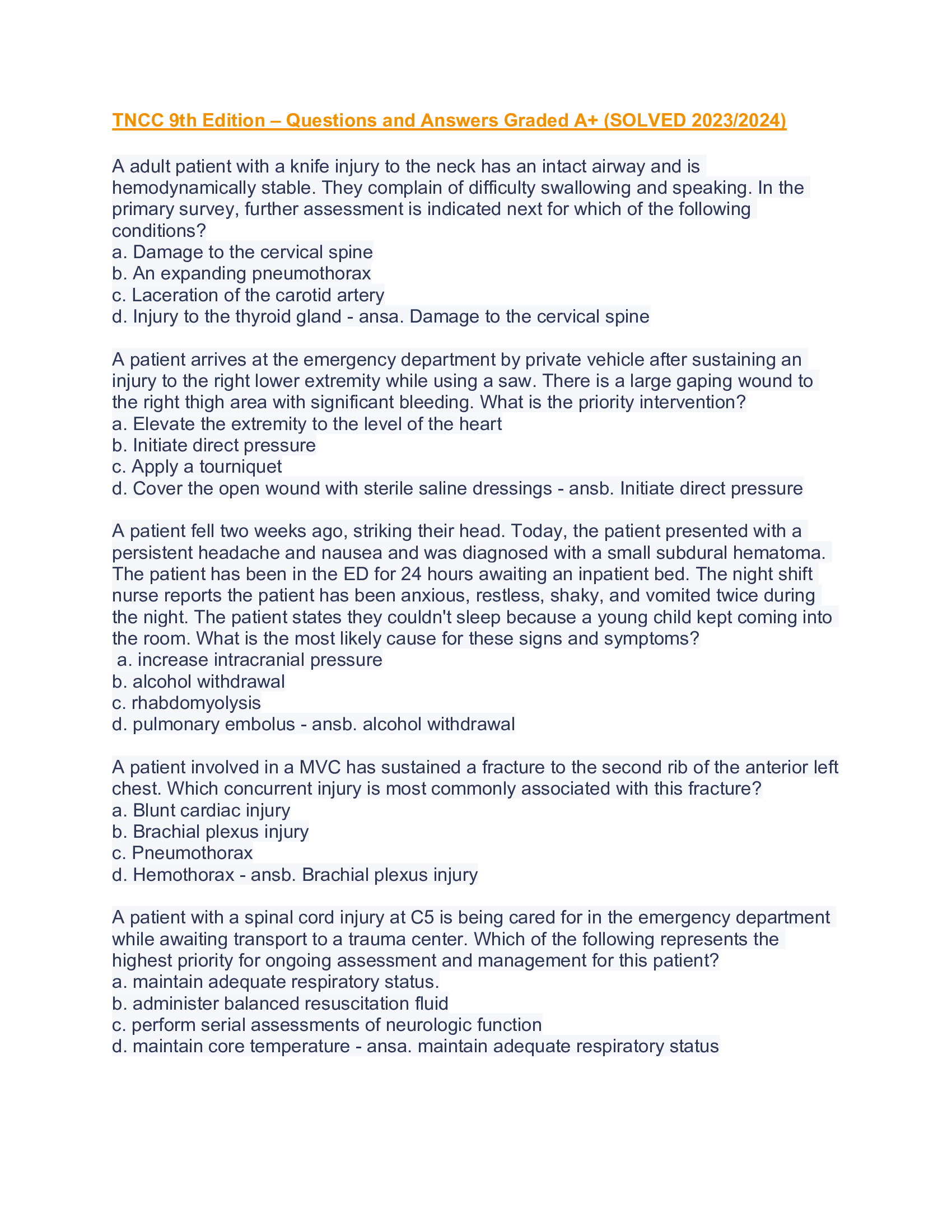 TNCC 9th Edition – Questions and Answers Graded A+ (SOLVED 2023-2024)