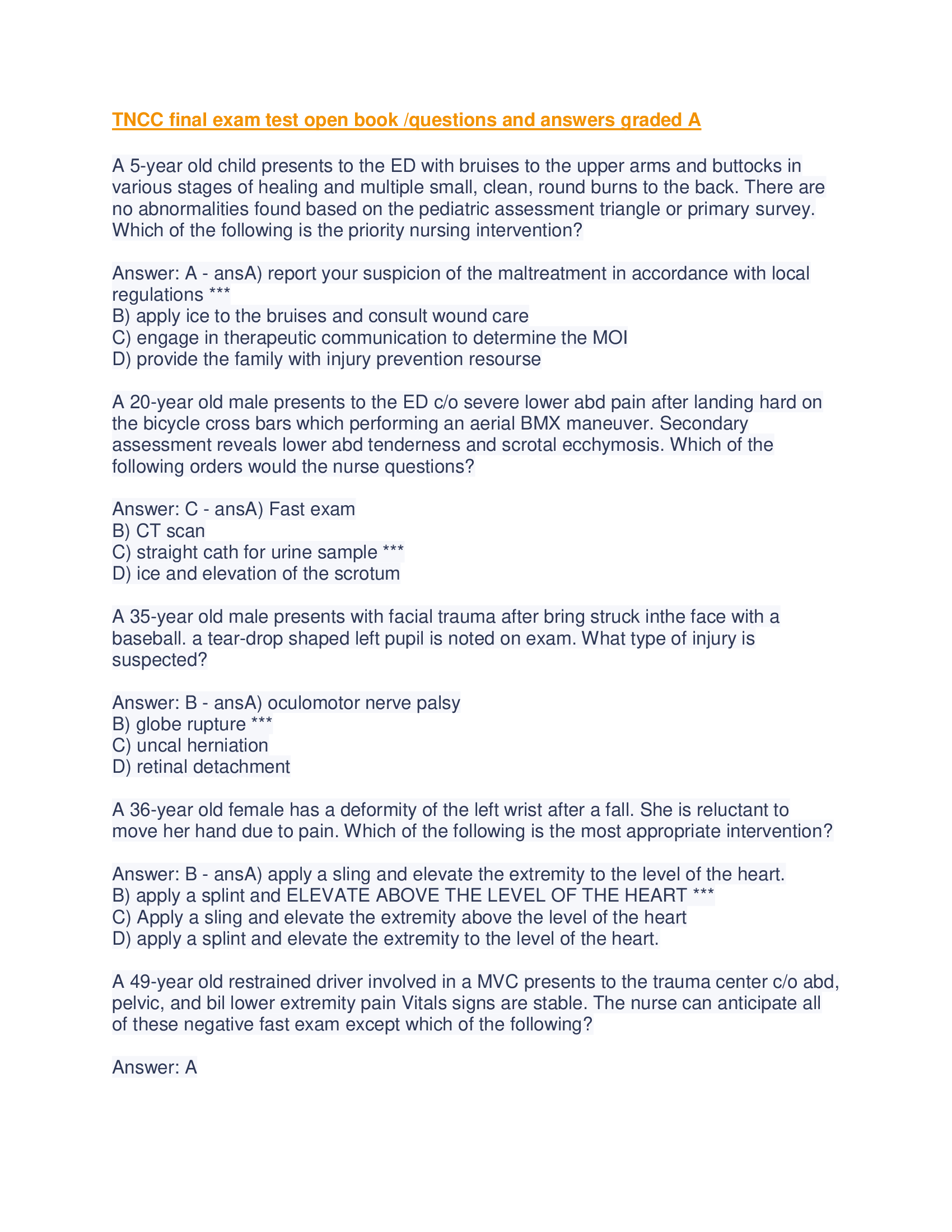 TNCC final exam test 2026 open book questions and answers graded A