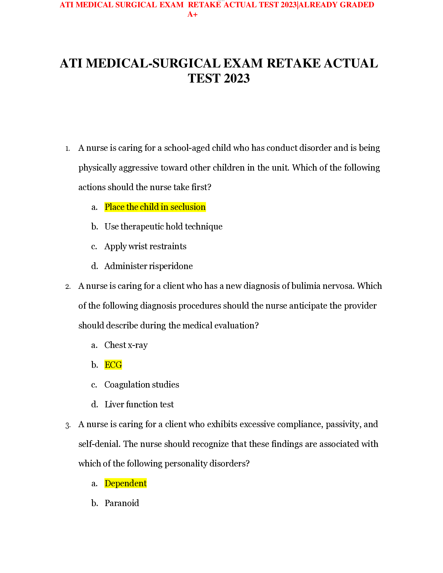 ATI MEDICAL SURGICAL  EXAM  RETAKE  ACTUAL  TEST 2023 ALREADY GRADED A+