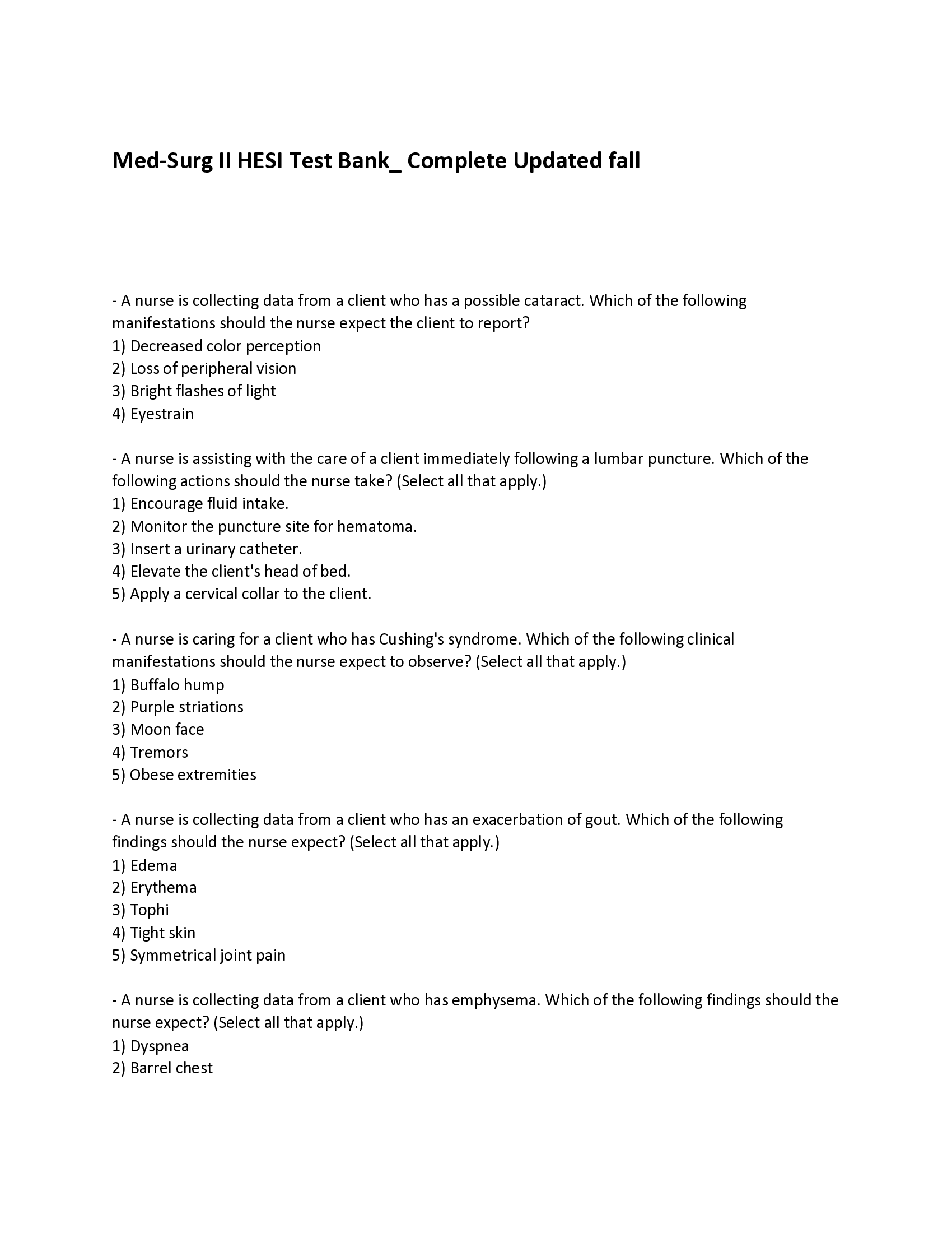 (Complete 275 Q&A) Med-Surg II HESI Test Bank