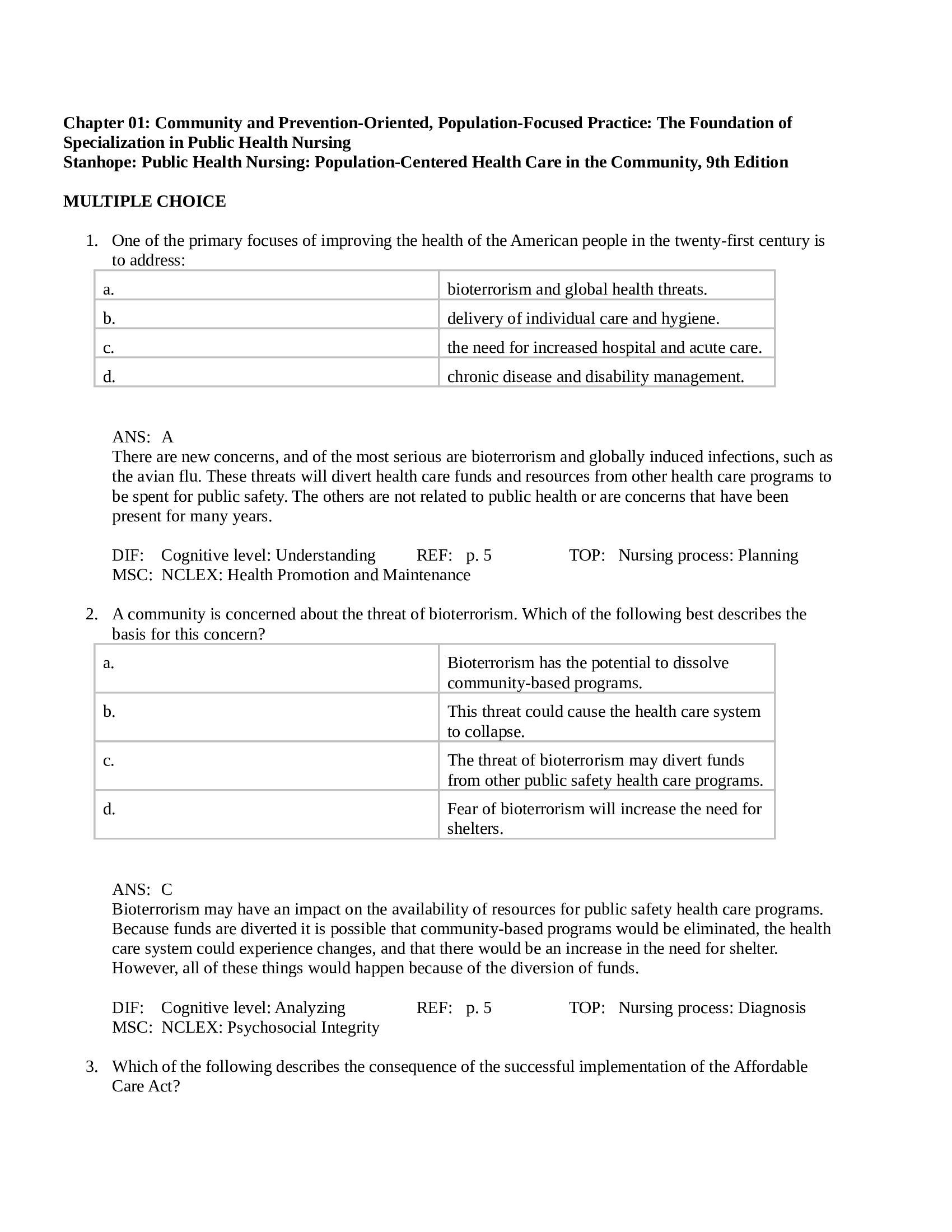 TEST BANK FOR PUBLIC HEALTH NURSING POPULATION CENTERED HEALTH CARE IN THE COMMUNITY 9TH EDITION STANHOPE