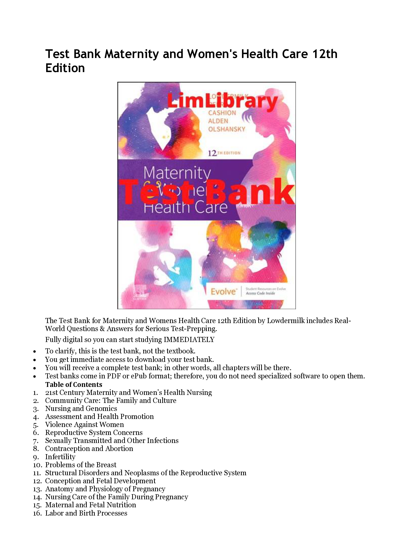 Maternity and women s health care 12th edition lowdermilk test bank latest 2024 update
