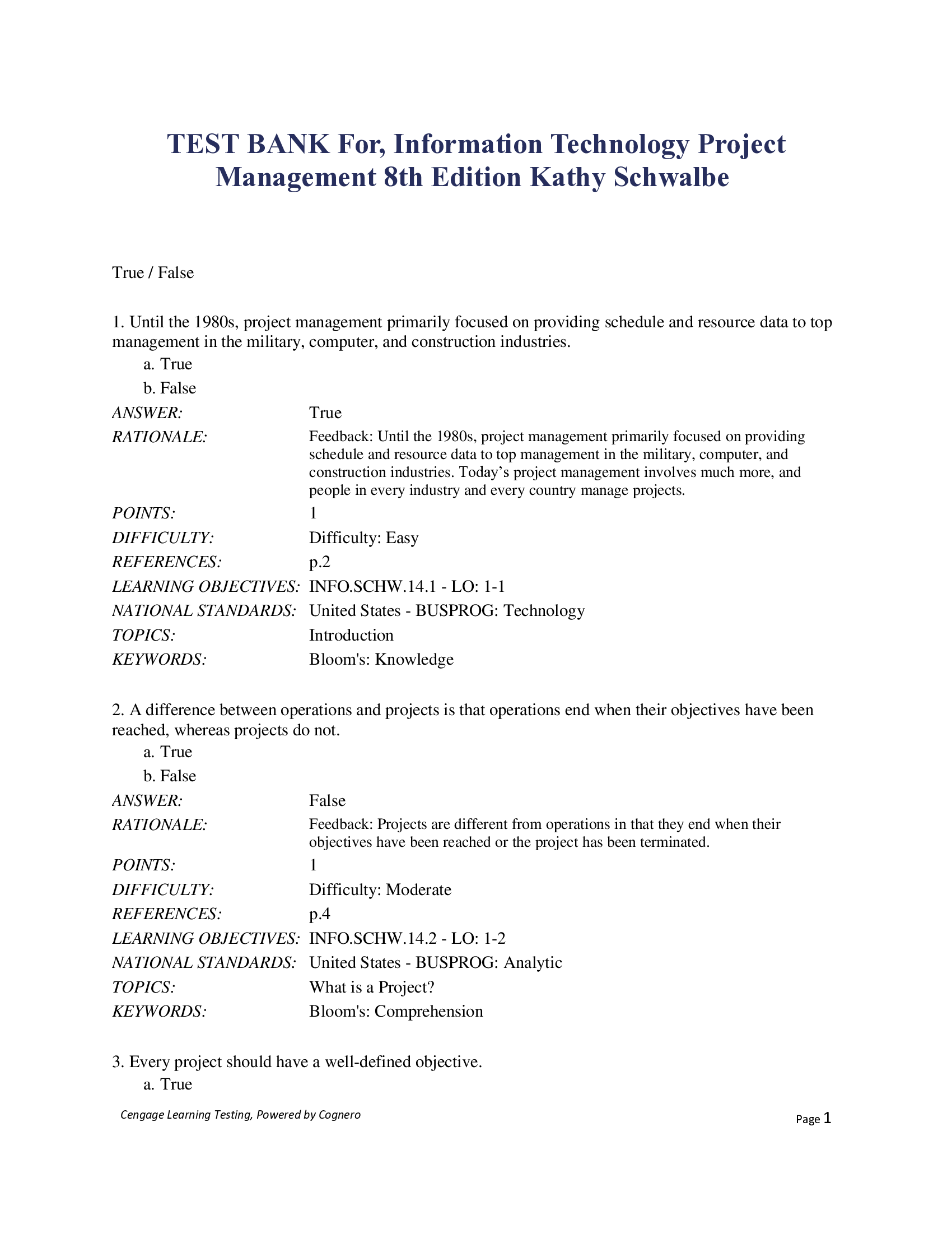 TEST BANK For, Information Technology Project Management 8th Edition Kathy Schwalbe