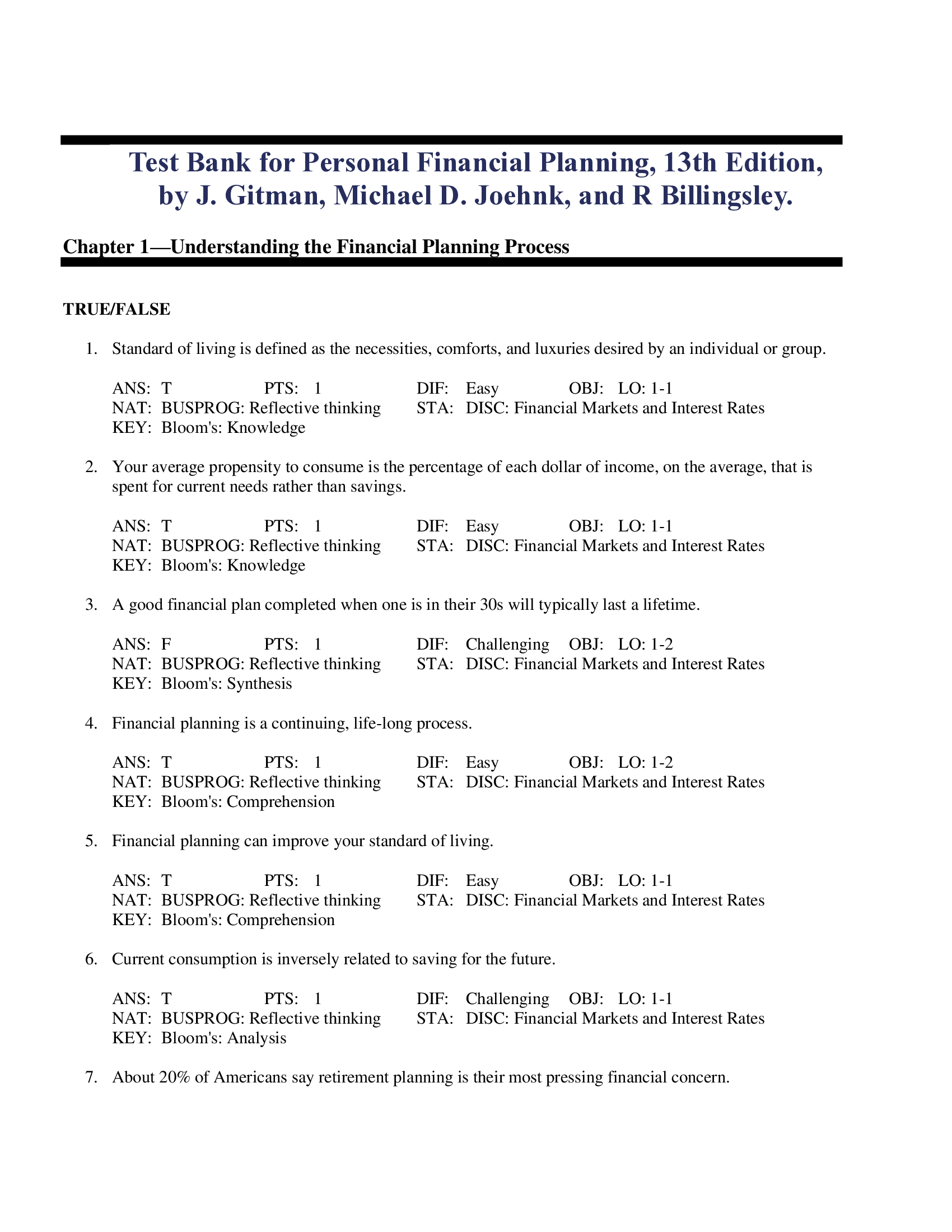 Test Bank for Personal Financial Planning, 13th Edition,  by J. Gitman, Michael D. Joehnk, and R Billingsley.