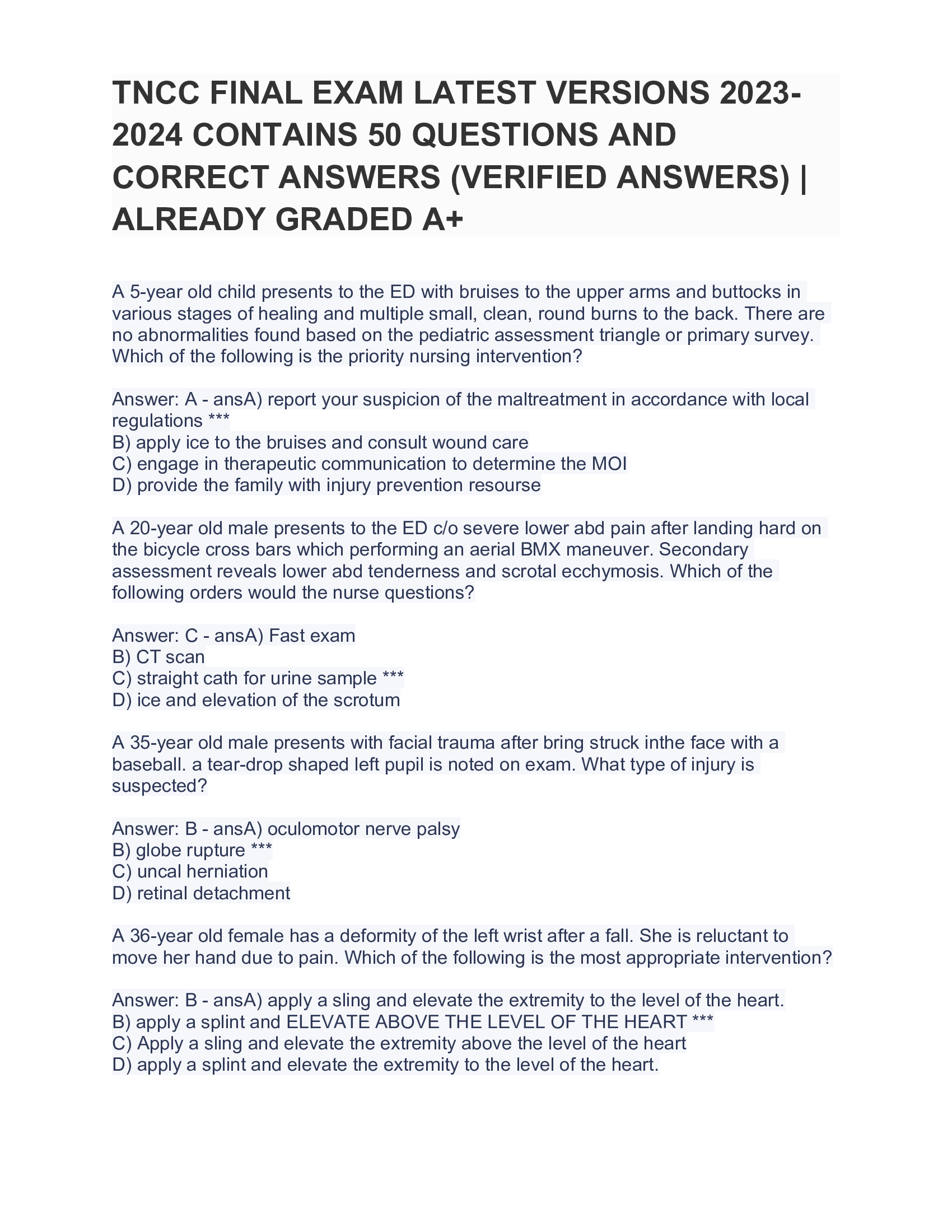 TNCC FINAL EXAM LATEST VERSIONS 2023-2024 CONTAINS 50 QUESTIONS AND CORRECT ANSWERS (VERIFIED ANSWERS)  ALREADY GRADED A+