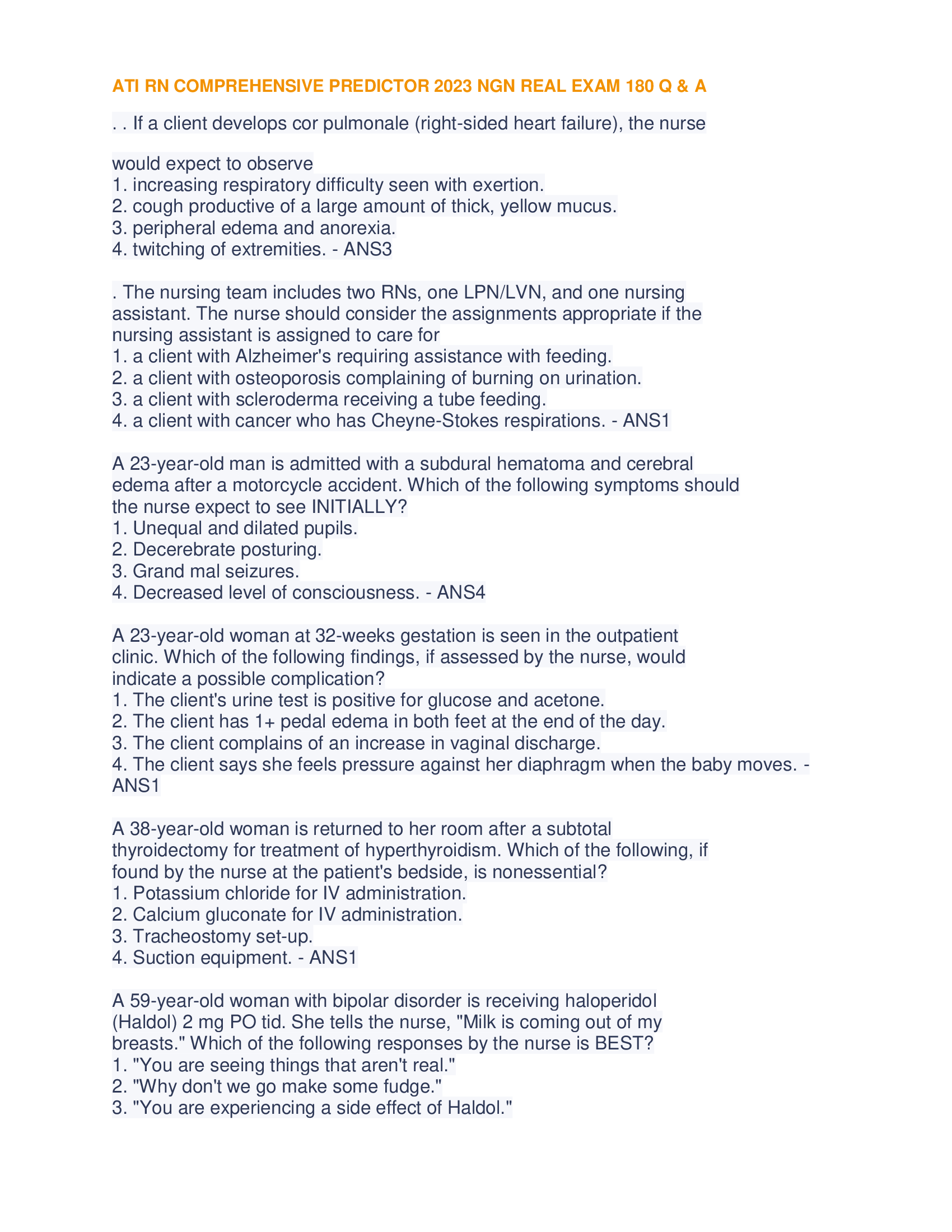 ATI RN COMPREHENSIVE PREDICTOR 2023 NGN REAL EXAM 180 Q & A