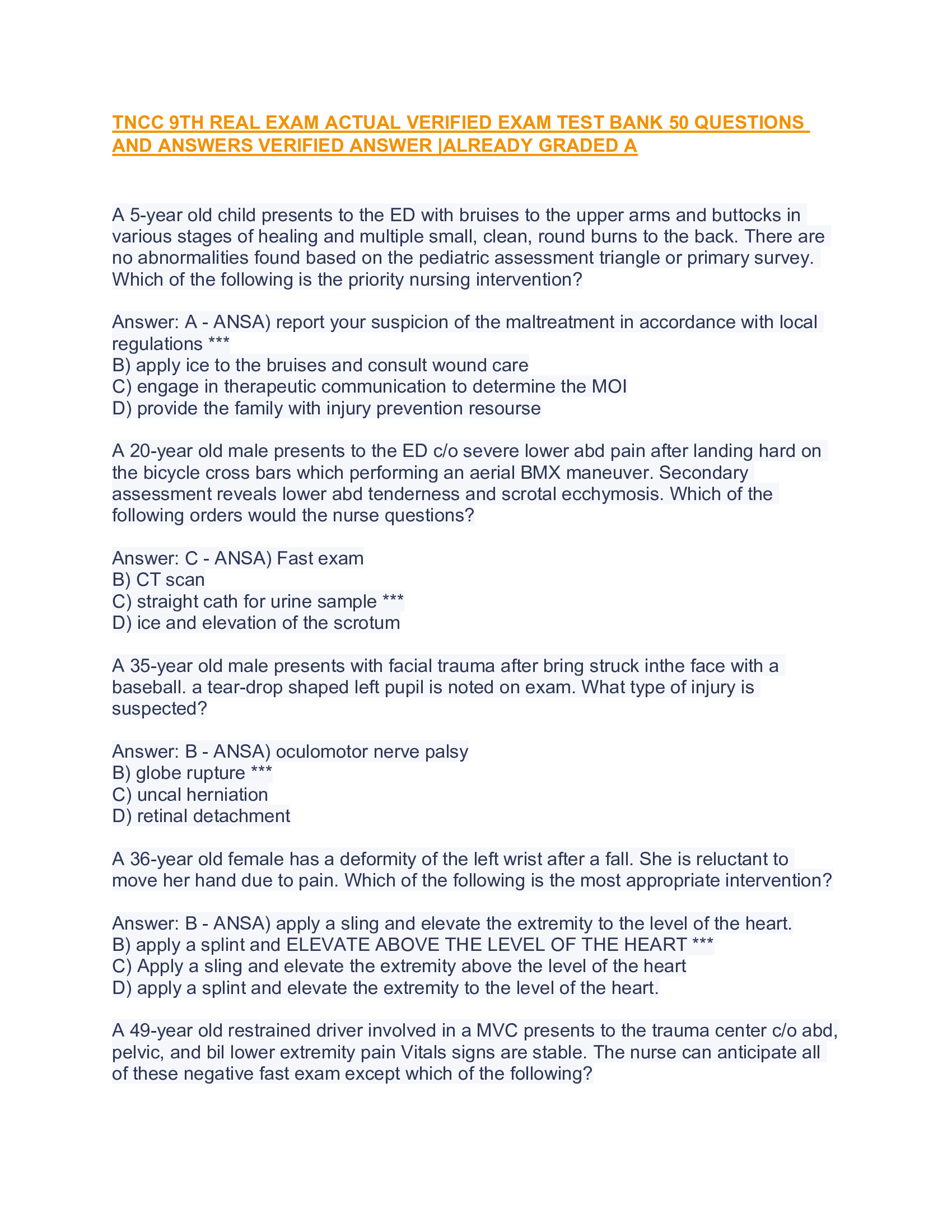 TNCC 9TH REAL EXAM ACTUAL VERIFIED EXAM TEST BANK 50 QUESTIONS AND ANSWERS VERIFIED ANSWER ALREADY GRADED A