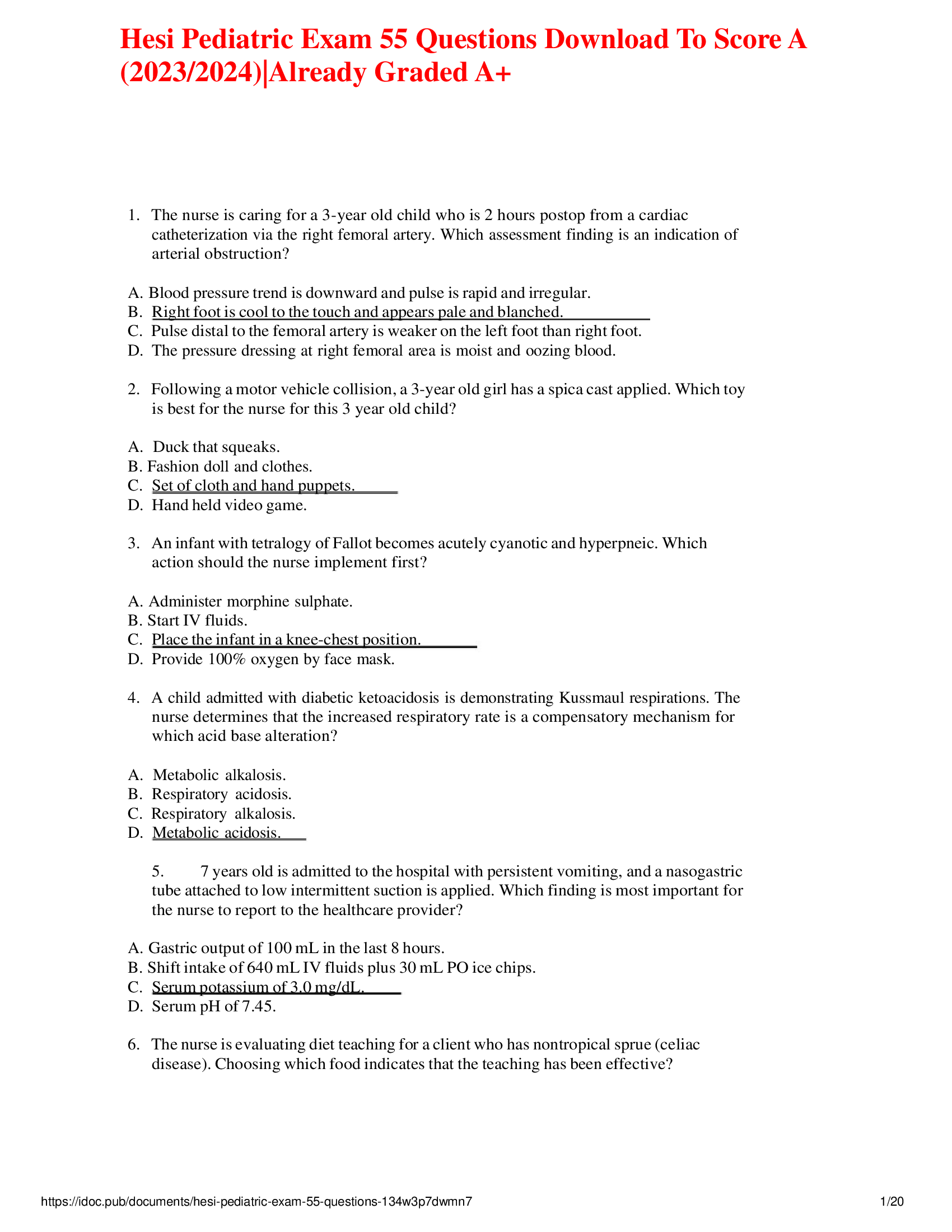 Hesi Pediatric Exam 55 Questions Download To Score A (2023, 2024)| Already Graded A+