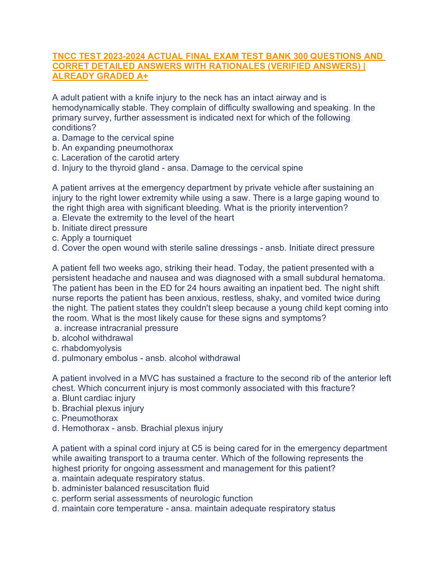 TNCC TEST 2023-2024 ACTUAL FINAL EXAM TEST BANK 300 QUESTIONS AND CORRET DETAILED ANSWERS WITH RATIONALES (VERIFIED ANSWERS) ALREADY GRADED A+