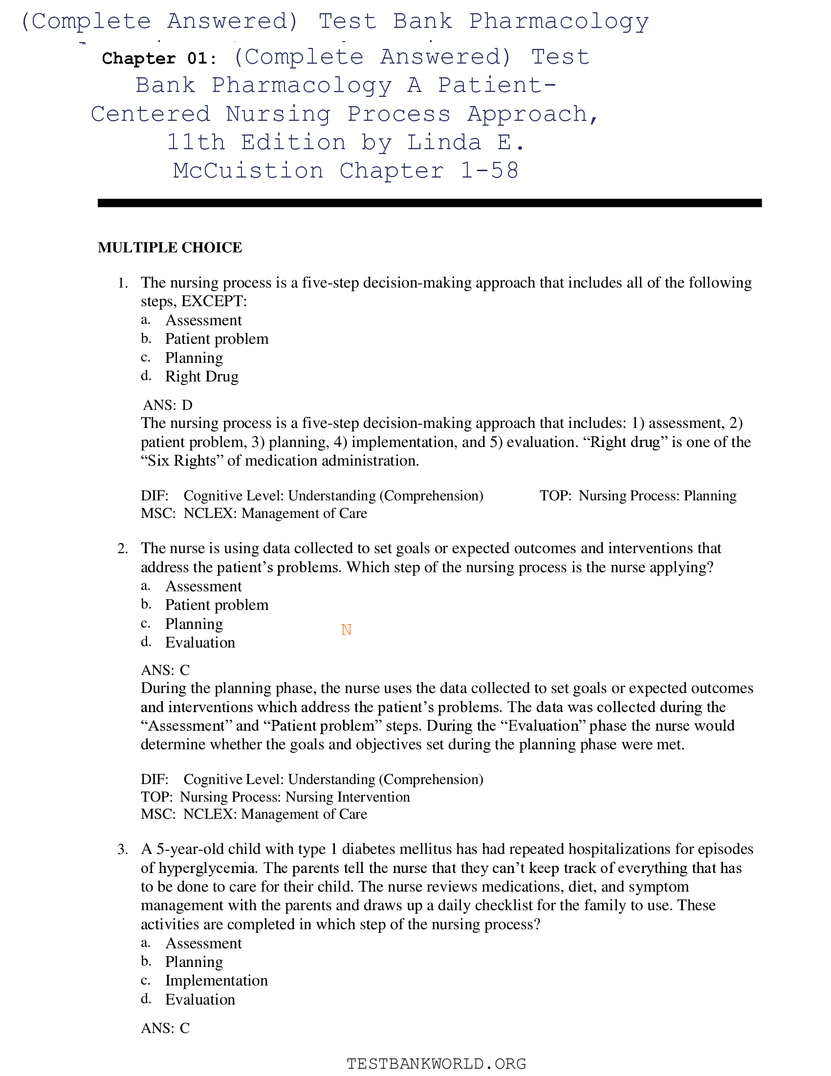 (Complete Answered) Test Bank Pharmacology A Patient-Centered Nursing Process Approach, 11th Edition by Linda E. McCuistion Chapter 1-58