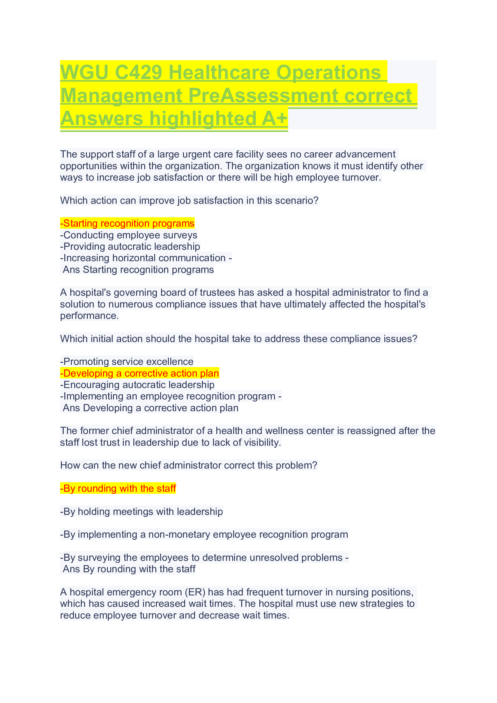 WGU C429 Healthcare Operations Management PreAssessment correct Answers highlighted A