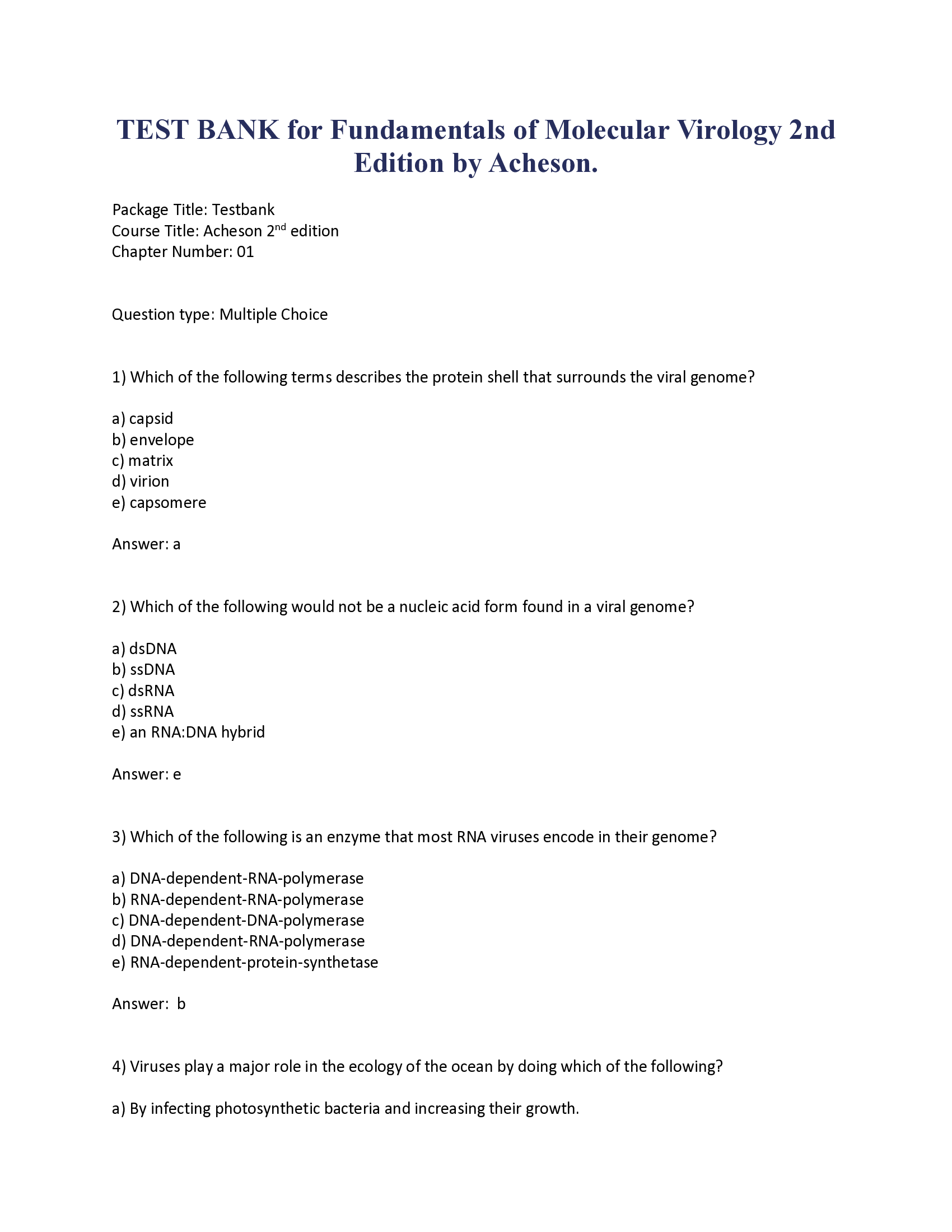 TEST BANK for Fundamentals of Molecular Virology 2nd Edition by Acheson