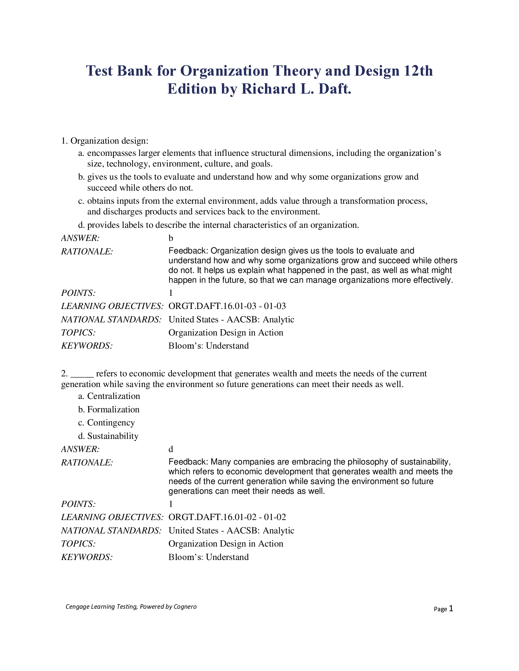Test Bank for Organization Theory and Design 12th Edition by Richard L. Daft.