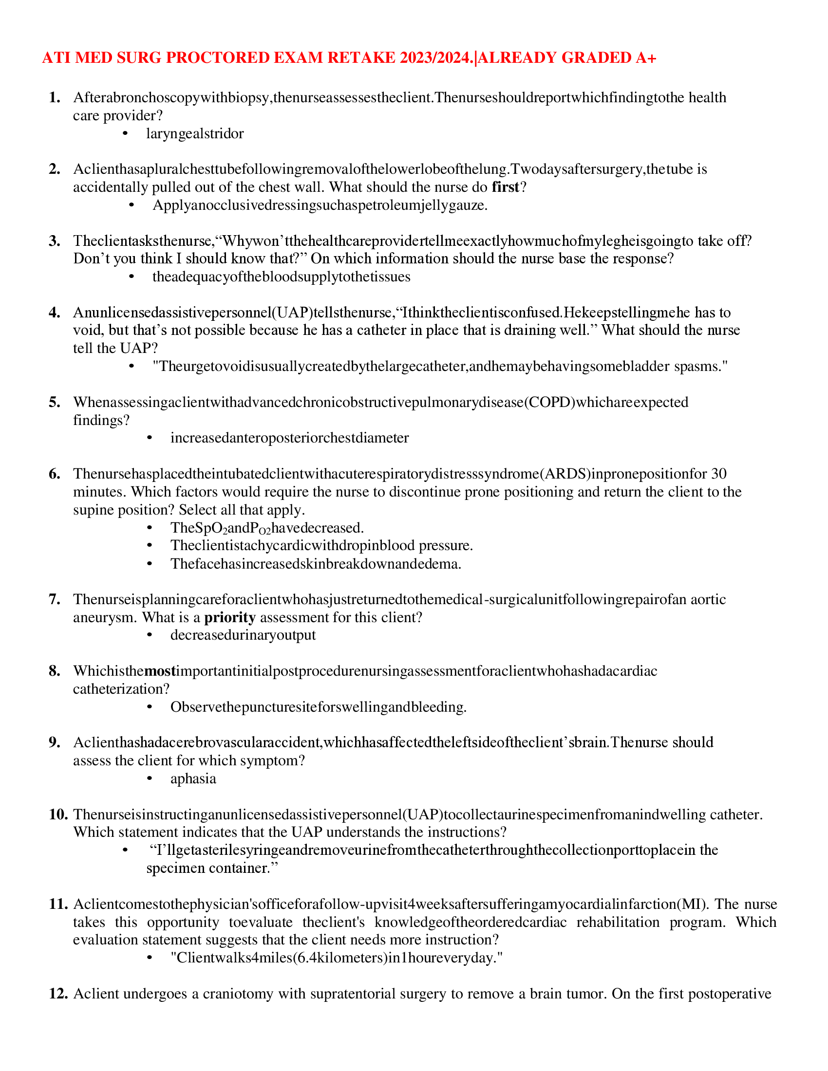 ATI MED SURG PROCTORED EXAM RETAKE 2023, 2024 | ALREADY GRADED A+